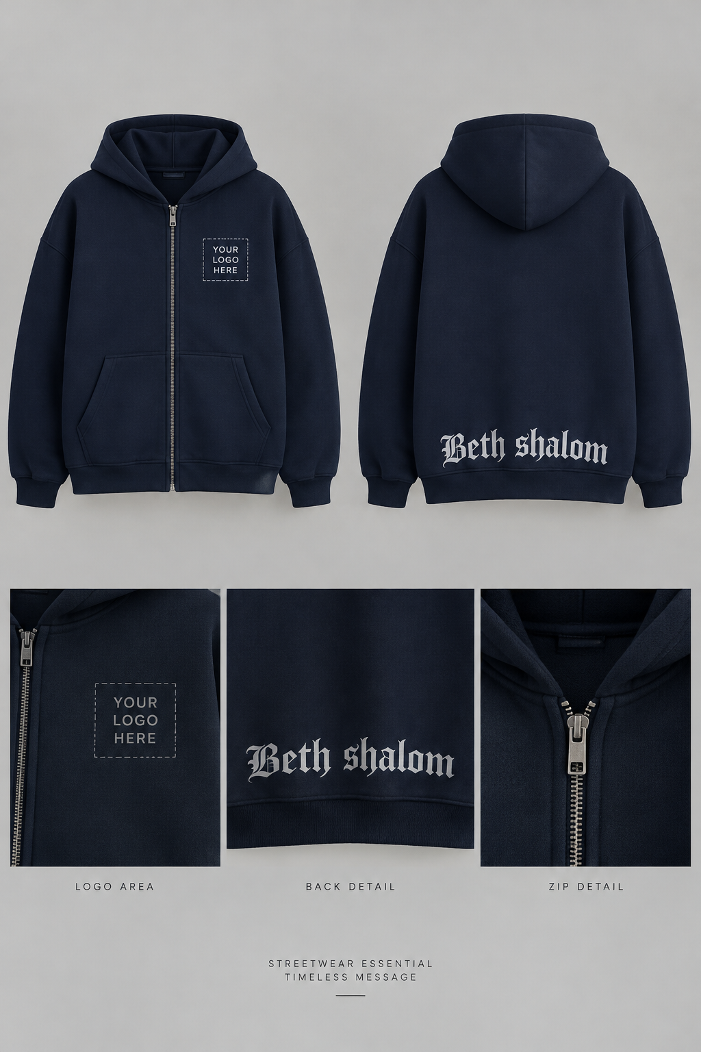 Dame un hoodie con cremallera de color azul oscuro con el espacio para un logo y en la espalda baja escrito Beth shalom
Dame un hoodie con cremallera de color azul oscuro con el espacio para un logo y en la espalda baja escrito Beth shalom , streetwear style