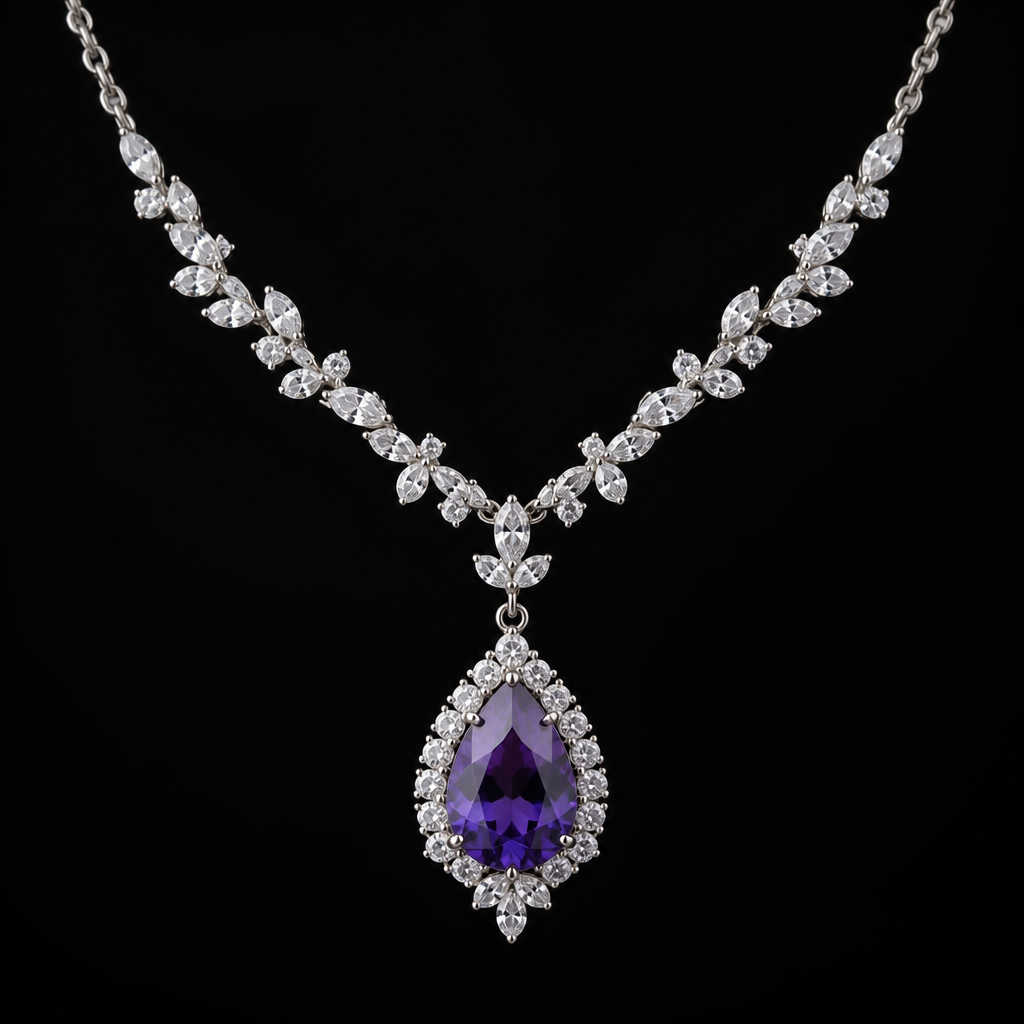 Amethyst & Diamond Necklace, Black Background, Product Photo
photorealistic fashion design, Amethyst & Diamond Necklace, Black Background, Product Photo, minimalist style, just the design no text