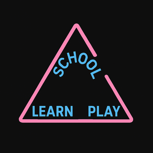 شعار مدرسه خلفيته سوداء 
وفي بالنص مثلث وردي بس خطوط مو ملون 
على زواياه مكتوب باللون الأزرق
من زاويته الفوقschool
والزوايا اللي تحت وحده learn 
ووحده play