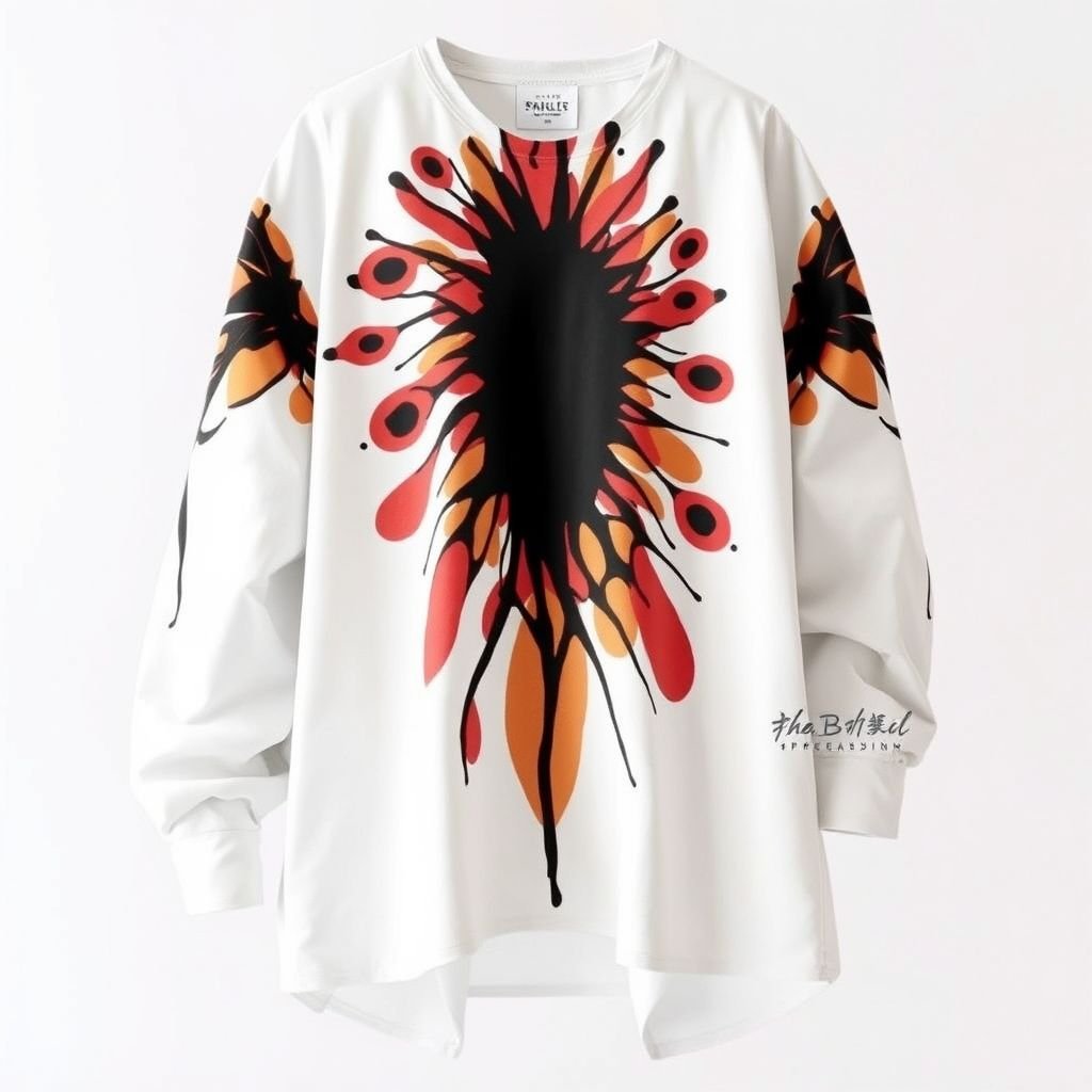 Long sleeved Shirt ,Edgy shirt ,artsy ,cassual ,contemporer ,elegant , white ,unique,unique pattern.
Design a long-sleeved shirt crafted from luxurious cotton, exuding an edgy yet casual vibe. Envision unique, artsy patterns that flow organically across a crisp white canvas, merging contemporary elegance with playful expression. Incorporate oversized sleeves and asymmetrical hems to enhance its uniqueness, making it a standout piece for the modern fashionista.