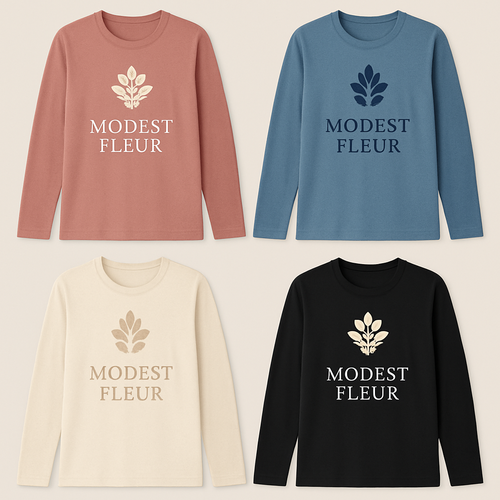 I need cotton t shirt styles long sleeve modest with my brand name of the “modest fleur in different designs and colors 
