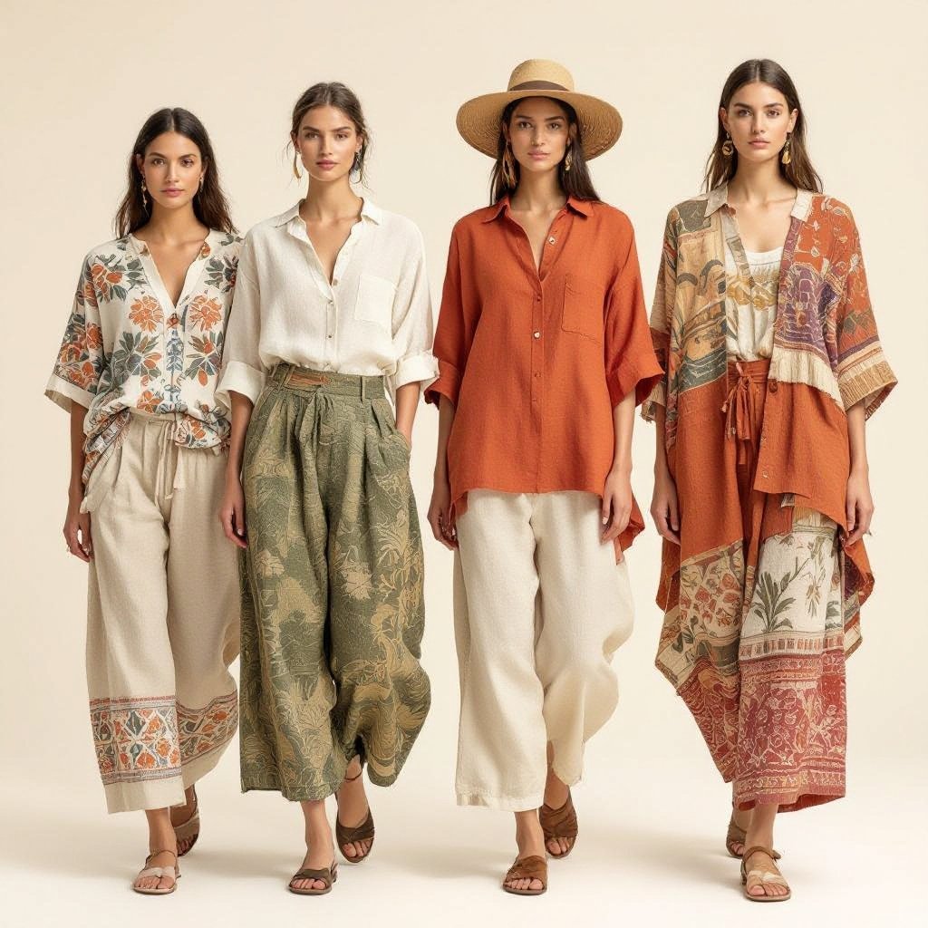 (no model just clothes) Fashion collection inspired by South American heritage and sustainability. Lightweight linen garments featuring bold ancestral prints and patterns, reinterpreted in a contemporary way. Emphasis on breathable, flowing silhouettes such as wide-leg trousers, relaxed shirts, and layering pieces. Color palette inspired by Andean landscapes: earthy terracotta, deep jungle green, sun-washed beige, and vibrant hand-dyed accents. Sustainable craftsmanship with organic fabrics, natural dyes, and eco-conscious details. A fusion of cultural fashion and modern minimalism.
Sustainable fashion: (no model just clothes) Fashion collection: South American heritage, sustainability. Linen garments with ancestral prints, contemporary style. Breathable, flowing silhouettes: wide-leg trousers, relaxed shirts, layering. Colors: terracotta, jungle green, sun-washed beige, hand-dyed accents. Organic fabrics, natural dyes.