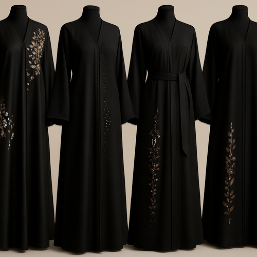 Create me modest abaya that's first in the world, using unique stone design, classy and sophisticated. Keep me 4 designs. Make them rich by adding minimal stone embroidery and stones designs. Showcasing different styles and fabric.