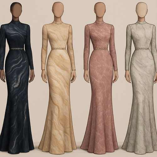 Create a modest sexy elegant long fittted dress , the first of its kind, featuring a unique stone design that exudes a classy and sophisticated vibe. I'd like four designs, each showcasing different styles and fabrics. Incorporate high-end, unique chic stone designs to make them truly special. Add little sophisticated stone designs.