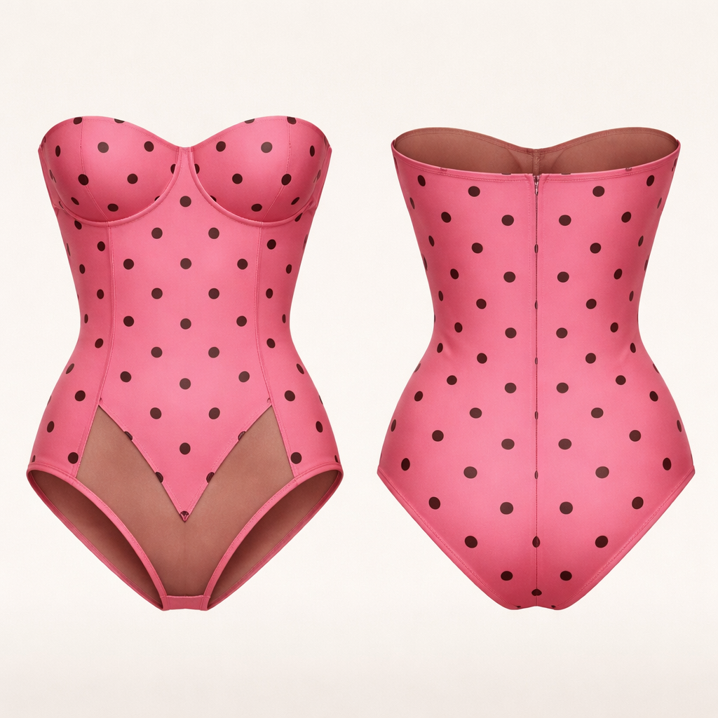 shape wear body suit strapless hot pink and brown pocker dots no ai models v cut other way around
shape wear body suit strapless hot pink and brown pocker dots no ai models v cut other way around , minimalist style, show front and back