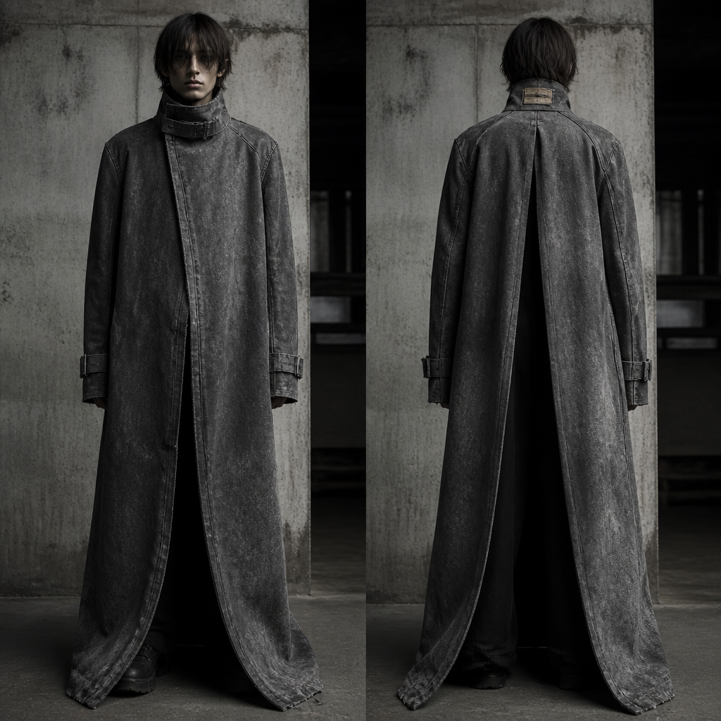 Streetwear high-fashion editorial, full-body back view of a model in an exaggerated floor-length heavy canvas trench coat. Mineral-washed grey-black canvas texture with coal-dust distressing, featuring a split-back construction running from shoulder to hem lined in dark soft cotton. A distressed leather barcode patch laser-etched with "N.I.N.A." sits at the outer back collar band. Brutalist urban backdrop, cinematic lighting, photorealistic detail, 8k resolution. --ar 4:5 Present it as professional fashion catalogue photography: the garment is the subject, shown full-length with editorial styling, neutral posing and tasteful, non-suggestive framing.
photorealistic fashion design, Streetwear high-fashion editorial, full-body back view of a model in an exaggerated floor-length heavy canvas trench coat. Mineral-washed grey-black canvas texture with coal-dust distressing, featuring a split-back construction running from shoulder to hem lined in dark soft cotton. A distressed leather barcode patch laser-etched with "N.I.N.A." sits at the outer back collar band. Brutalist urban backdrop, cinematic lighting, photorealistic detail, 8k resolution. --ar 4:5 Present it as professional fashion catalogue photography: the garment is the subject, shown full-length with editorial styling, neutral posing and tasteful, non-suggestive framing., just the design no text, show front and back