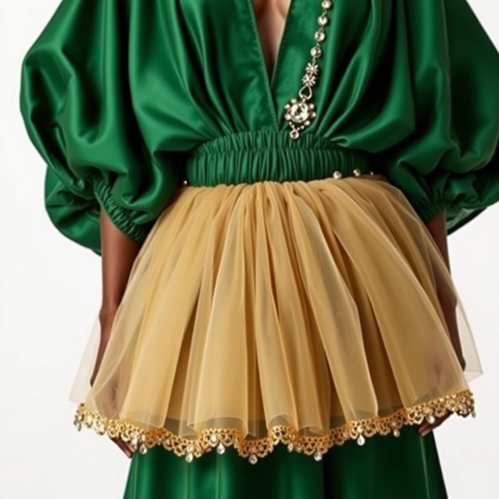 Create a woman’s kaftan that would wow. Add layers of fabric to create a big skirt but also add structure by ruching the waist. Give it a low neckline, and a monochrome hunter green color. Add details of ruched tulle and an accent of 6 inches ab crystals on a gold and green base to create a luxurious detail to the dress. The base fabric is duchess satin in hunter green
Design an exquisite woman’s kaftan that embraces the vibrancy of African fashion. Utilize rich duchess satin in deep hunter green, featuring a voluminous layered skirt with beautifully structured ruching at the waist. The low neckline enhances elegance, while ruched tulle cascades down, adorned with luxurious 6-inch AB crystals over a gold-green base, exuding sophistication and cultural heritage.