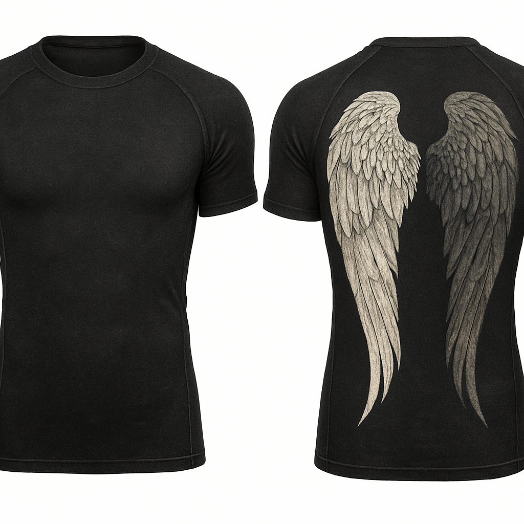 Black base short sleeve compression jujitsu rash guard shirt. 2 angle wings on the back, one white and the other dark gray. Make the wings kinda form a shape of a heart without making it too obnoxious so the wings look natural still 

Little less of a heart shape and make the wings come down almost to the bottom of the shirt 



Black base short sleeve compression jujitsu rash guard shirt. 2 angle wings on the back, one white and the other dark gray. Make the wings kinda form a shape of a heart without making it too obnoxious so the wings look natural still 

Little less of a heart shape and make the wings come down almost to the bottom of the shirt 

, vintage style, show front and back