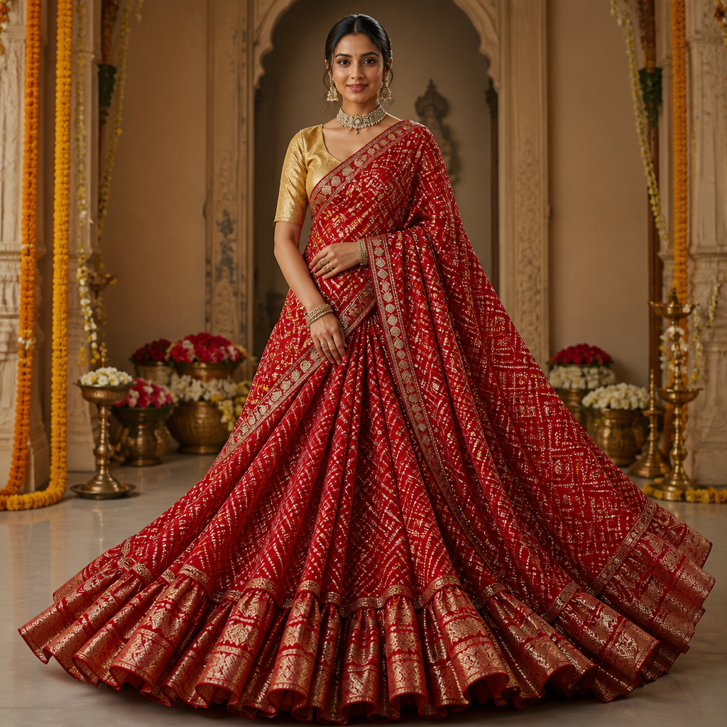 photorealistic fashion design, photorealistic fashion design, photorealistic fashion design, photorealistic fashion design, photorealistic fashion design, A Female Dress design, for Wedding. Mehendi green shimmer net fabric drape prestitched saree with heavy flare and red gharchola pallu and golden tissue blouse stylish. Design with modest coverage., just the design no text. Refinement: Green colour should be light mehendi green , just the design no text. Refinement: The entire drape also should be of red gharchola, just the design no text. Refinement: Go back to the previous design , just the design no text. Refinement: Give Red brocade border of 5 inches at the bottom in frill pattern, just the design no text. Refinement: In this same outfit...give more flare to the saree and make the red brocade frill at the bottom more stylish...and also the entire drape portion of the saree and pally should be of Red heavy gharchola
photorealistic fashion design, photorealistic fashion design, photorealistic fashion design, photorealistic fashion design, photorealistic fashion design, photorealistic fashion design, A Female Dress design, for Wedding. Mehendi green shimmer net fabric drape prestitched saree with heavy flare and red gharchola pallu and golden tissue blouse stylish. Design with modest coverage., just the design no text. Refinement: Green colour should be light mehendi green , just the design no text. Refinement: The entire drape also should be of red gharchola, just the design no text. Refinement: Go back to the previous design , just the design no text. Refinement: Give Red brocade border of 5 inches at the bottom in frill pattern, just the design no text. Refinement: In this same outfit...give more flare to the saree and make the red brocade frill at the bottom more stylish...and also the entire drape portion of the saree and pally should be of Red heavy gharchola , just the design no text