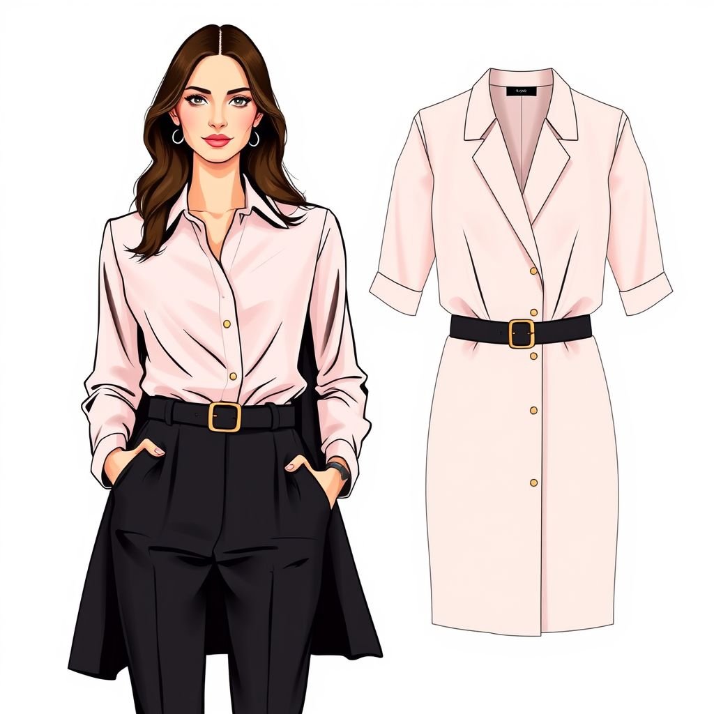 Make a perfect outfit with slim body like light pink shirt and style it with black heigh waist pant and black ling coat and tie a black belt with gold batch
Design a chic business outfit featuring a tailored light pink blouse that hugs the shape of the body. Pair it with high-waisted black trousers for a sleek silhouette. Layer with a sophisticated black long coat, cinched at the waist with a black belt adorned with a gold buckle for added elegance.