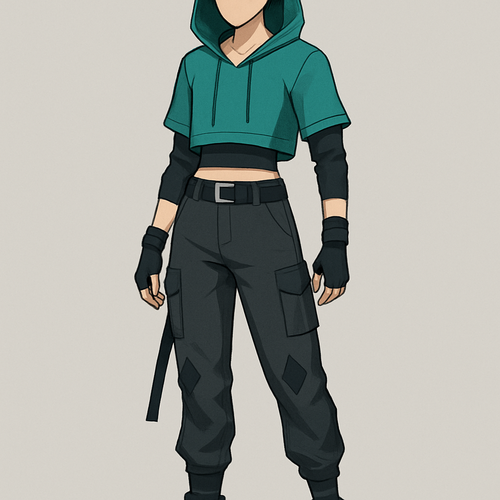 The image displays a character design featuring a modern, urban-style outfit. The attire is characterized by a mix of athletic and tactical elements, primarily in teal, black, and dark gray colors.
Top: The character wears a cropped, teal-colored hoodie with black long sleeves underneath. The inner layer is white or very light gray, visible at the neckline.
Bottoms: The character wears dark gray or black cargo-style pants. The pants feature several black straps, including one long strap hanging down the left leg.
Accessories: A black belt with a silver or white buckle is worn around the waist. There are diamond-shaped accents on the thighs and lower legs of the pants. A teal wristband is on the right wrist, and black wrist/arm bands are on both arms.
Footwear: The character wears black high-top sneakers with white soles.
Hair and Appearance: The character has short, light gray or white hair, partially covered by the hood. The face is not detailed.
