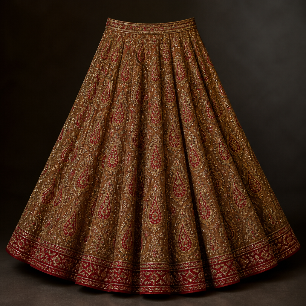 photorealistic fashion design, photorealistic fashion design, photorealistic fashion design, photorealistic fashion design, photorealistic fashion design, photorealistic fashion design, photorealistic fashion design, photorealistic fashion design, Dark golden shimmery tissue bridal lehenga with heavy flare and medium size paisley motifs in red green and golden kundan stone embroidery all over the lehenga. India fashion aesthetics., just the design no text. Refinement: Reduce the size of paisleys in this and make it in red colour with green and golden kundan embroidery , just the design no text. Refinement: Dark golden shimmery tissue bridal lehenga with heavy flare and small red paisley motifs all over in the lehenga , just the design no text. Refinement: Dark golden tissue shimmery bridal lehenga with heavy flare , just the design no text. Refinement: Make the border in dark red colour , just the design no text. Refinement: Give Red paisley motifs of medium size all over the lehenga , just the design no text. Refinement: Make the golden colour still darker in this same lehenga keeping everything else the same , just the design no text. Refinement: Make golden colour slightly lighter keeping everything else the same , just the design no text. Refinement: Make golden slightly darker keeping everything else the same
photorealistic fashion design, photorealistic fashion design, photorealistic fashion design, photorealistic fashion design, photorealistic fashion design, photorealistic fashion design, photorealistic fashion design, photorealistic fashion design, photorealistic fashion design, Dark golden shimmery tissue bridal lehenga with heavy flare and medium size paisley motifs in red green and golden kundan stone embroidery all over the lehenga. India fashion aesthetics., just the design no text. Refinement: Reduce the size of paisleys in this and make it in red colour with green and golden kundan embroidery , just the design no text. Refinement: Dark golden shimmery tissue bridal lehenga with heavy flare and small red paisley motifs all over in the lehenga , just the design no text. Refinement: Dark golden tissue shimmery bridal lehenga with heavy flare , just the design no text. Refinement: Make the border in dark red colour , just the design no text. Refinement: Give Red paisley motifs of medium size all over the lehenga , just the design no text. Refinement: Make the golden colour still darker in this same lehenga keeping everything else the same , just the design no text. Refinement: Make golden colour slightly lighter keeping everything else the same , just the design no text. Refinement: Make golden slightly darker keeping everything else the same , just the design no text