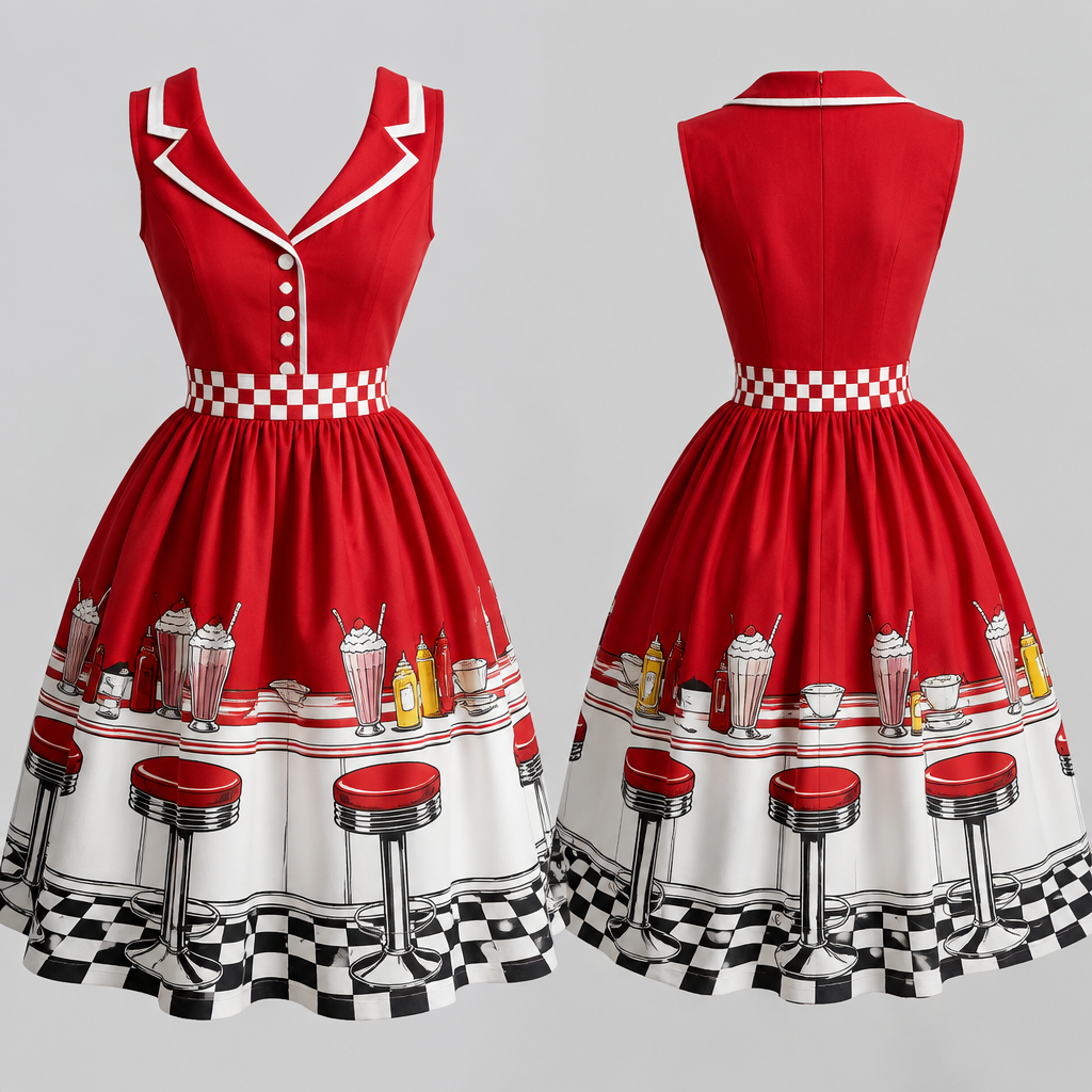 MIDI Dre’s for diner
photorealistic fashion design, MIDI Dre’s for diner , classic style, just the design no text, show front and back