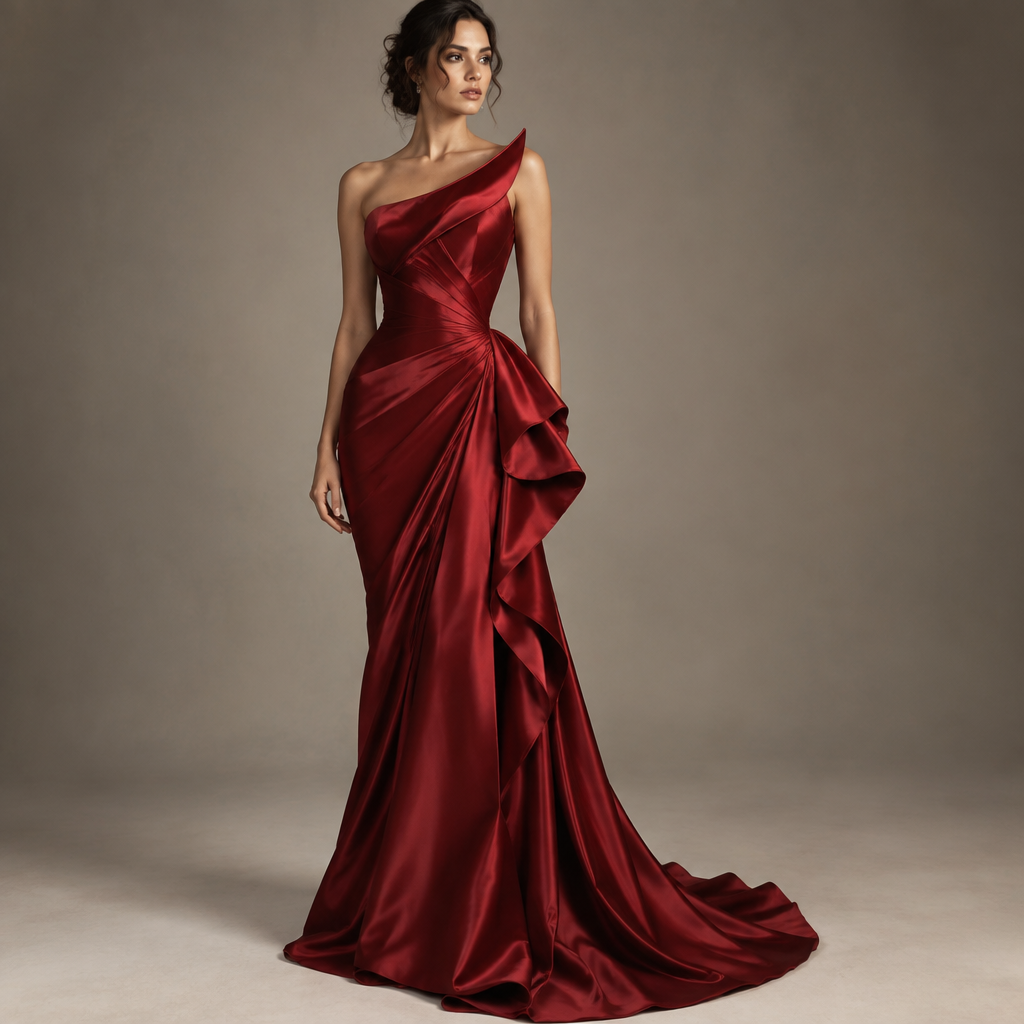 A Female fashion design. Create a completely original high-fashion women's evening gown in rich red tones. The dress must be floor-length and extremely fitted to the body, elegantly following the natural silhouette from the shoulders to the hips and then extending into a long, controlled train. Create a unique sculptural construction that does not resemble common mermaid, princess, bodycon or traditional evening dress designs. Use deep crimson, wine red and subtle ruby-red tonal layering.
Design an unusual asymmetric neckline that curves diagonally across the upper body and continues into a sculptural fabric line wrapping around the waist. Create an original three-dimensional draped structure on one side of the hip that appears to grow naturally from the dress, while the opposite side remains sleek and clean. Add a distinctive architectural seam pattern that visually shapes the waist without looking corseted.
Use luxurious matte satin combined with slightly glossy silk fabric. No sequins, no rhinestones, no lace, no flowers, no bows. The design should look sophisticated, feminine, sensual but elegant, highly memorable and realistically wearable. High-end couture fashion, innovative but manufacturable construction, full-body female fashion model, front three-quarter view, realistic premium fabric texture, professional fashion editorial photography, neutral luxury studio background.. AZ fashion aesthetics. Present it as professional fashion catalogue photography: the garment is the subject, shown full-length with editorial styling, neutral posing and tasteful, non-suggestive framing.
photorealistic fashion design, A Female fashion design. Create a completely original high-fashion women's evening gown in rich red tones. The dress must be floor-length and extremely fitted to the body, elegantly following the natural silhouette from the shoulders to the hips and then extending into a long, controlled train. Create a unique sculptural construction that does not resemble common mermaid, princess, bodycon or traditional evening dress designs. Use deep crimson, wine red and subtle ruby-red tonal layering.
Design an unusual asymmetric neckline that curves diagonally across the upper body and continues into a sculptural fabric line wrapping around the waist. Create an original three-dimensional draped structure on one side of the hip that appears to grow naturally from the dress, while the opposite side remains sleek and clean. Add a distinctive architectural seam pattern that visually shapes the waist without looking corseted.
Use luxurious matte satin combined with slightly glossy silk fabric. No sequins, no rhinestones, no lace, no flowers, no bows. The design should look sophisticated, feminine, sensual but elegant, highly memorable and realistically wearable. High-end couture fashion, innovative but manufacturable construction, full-body female fashion model, front three-quarter view, realistic premium fabric texture, professional fashion editorial photography, neutral luxury studio background.. AZ fashion aesthetics. Present it as professional fashion catalogue photography: the garment is the subject, shown full-length with editorial styling, neutral posing and tasteful, non-suggestive framing., just the design no text