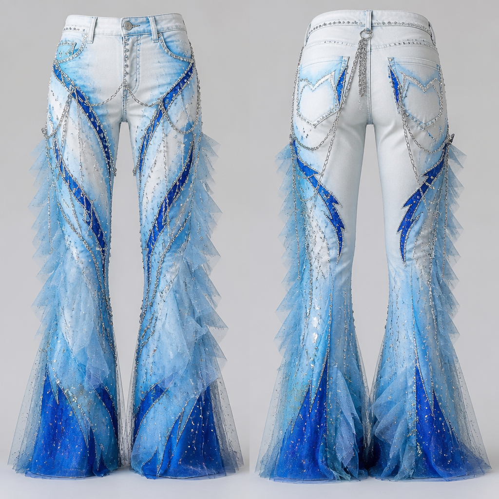 Crea dei texani. Devono avere come decorazione del tulle azzurro ghiaccio, catene decorative argentate, brillantini bianco ottico. Il colore del vestito deve essere: bianco freddo, celeste, blu cobalto e blu elettrico
photorealistic fashion design, Crea dei texani. Devono avere come decorazione del tulle azzurro ghiaccio, catene decorative argentate, brillantini bianco ottico. Il colore del vestito deve essere: bianco freddo, celeste, blu cobalto e blu elettrico , punk style, just the design no text, show front and back