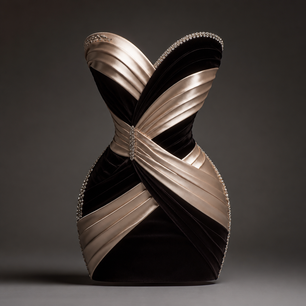 A highly sophisticated couture mini dress inspired by the perfect symmetry of an hourglass. The silhouette is created through overlapping bands of satin and velvet that wrap around the body in elegant architectural lines. These sculptural panels converge at the waist, emphasizing feminine proportions while creating visual depth and movement. Fine crystal accents highlight the contours of the design, transforming the dress into a wearable work of art that combines modern structure with timeless glamour.
photorealistic fashion design, A highly sophisticated couture mini dress inspired by the perfect symmetry of an hourglass. The silhouette is created through overlapping bands of satin and velvet that wrap around the body in elegant architectural lines. These sculptural panels converge at the waist, emphasizing feminine proportions while creating visual depth and movement. Fine crystal accents highlight the contours of the design, transforming the dress into a wearable work of art that combines modern structure with timeless glamour., just the design no text