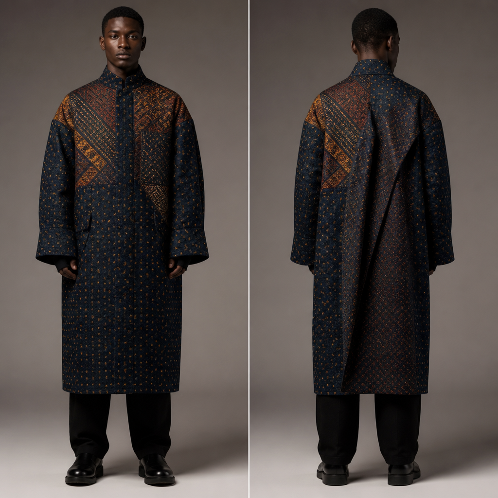 A Unisex Dress design, suitable for Winter. Consider South African fashion — diverse multicultural styles, Shweshwe prints, modern Afro-chic. Current season is Winter in South Africa.
photorealistic fashion design, A Unisex Dress design, suitable for Winter. Consider South African fashion — diverse multicultural styles, Shweshwe prints, modern Afro-chic. Current season is Winter in South Africa., just the design no text