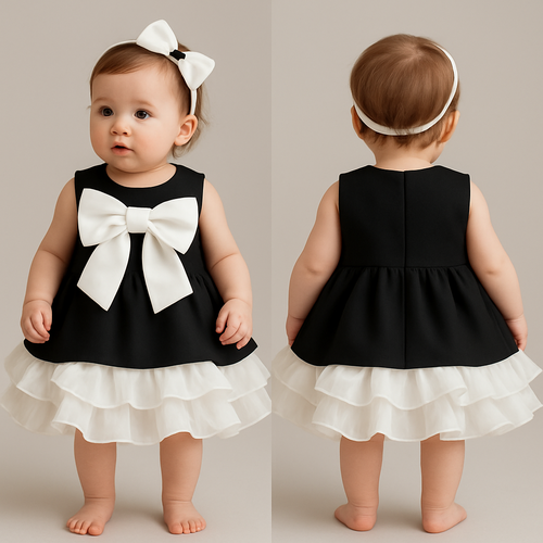 一歳の女の子着用画
ジャケット生地の黒のノンスリーブワンピース、丈は膝上
肩の部分、襟の部分が隠れるように白の大きなリボン

スカートの下の部分はしろで複数枚のオーガンジー（またはシフォン）生地を重ねたフリル
 1枚1枚が軽く波打つようにカールしていて、花びらが重なったような立体感
バルーンのような丸みのあるシルエット

背中に装飾はなし

頭には白のカチューシャ
カチューシャにはちょっとした黒い装飾