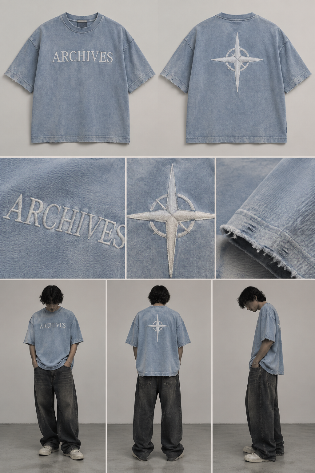 box fit tee with embroidery patches at the back 1 or 2 patch is enough and in front write archives the color should be washed light sky blue cut the sleaves end in a vintage vibe and have the patches and writing in white color
box fit tee with embroidery patches at the back 1 or 2 patch is enough and in front write archives the color should be washed light sky blue cut the sleaves end in a vintage vibe and have the patches and writing in white color, streetwear style
