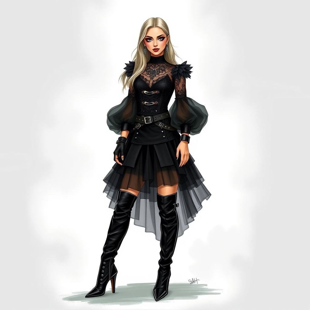 Black, lace, tulle, mini, mutton sleeves, leather, over the knee boots
Design a fierce rock-inspired outfit featuring a black lace mini dress layered with dramatic tulle, accentuated by bold mutton sleeves. Pair it with edgy, studded leather accents and complement the look with sleek over-the-knee leather boots. Incorporate metallic hardware, chunky jewelry, and a smoky eye for a rebellious, head-turning ensemble.