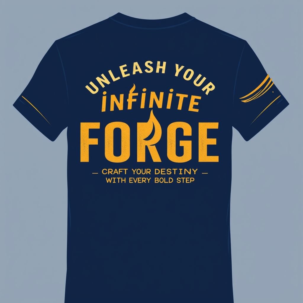 T-Shirt Design Idea for “Unleash Your Infinite Forge: Craft Your Destiny with Every Bold Step” * Color Palette: Deep midnight blue base (symbolizing depth and potential) with accents in vibrant gold and silver (representing empowerment and brilliance). Unisex appeal with a soft, breathable cotton-blend fabric. * Front Design: * Text Layout: The quote is split for impact. “Unleash Your Infinite Forge” arches across the chest in bold, modern sans-serif font (gold with a subtle metallic sheen). Below, “Craft Your Destiny with Every Bold Step” flows in a smaller, elegant script (silver) for contrast, creating a dynamic hierarchy. * Graphic Element: A stylized, minimalist flame (symbolizing the “forge”) rises from the center of the quote, blending gold and silver hues. The flame subtly morphs into a star at the top, hinting at destiny and aspiration without being overly literal. * Placement: Centered but slightly tilted upward to evoke motion and progress, sized to fit both men’s and women’s cuts comfortably. * Back Design: * A small, single-line echo of the flame-star graphic near the upper spine, with tiny text below it: “Forge On.” Keeps it clean but reinforces the message. * Sleeve Accent: Optional thin gold line wrapping around one sleeve, like a subtle bracelet, adding a touch of style without overwhelming the design. * Vibe: Empowering yet wearable, balancing bold statement with versatile style for casual or layered looks. Works for all genders and body types.
Create a visually striking T-shirt celebrating empowerment and individuality. The design features a deep midnight blue background, accentuated with vibrant gold and silver details. The text, a bold modern font arches across the chest, proclaiming “Unleash Your Infinite Forge,” while “Craft Your Destiny with Every Bold Step” elegantly weaves beneath. A minimalist flame graphic, transitioning to a star, symbolizes aspiration and creativity. On the back, a subtle echo of the flame-star, paired with the text “Forge On,” reinforces the impactful message. Complete with a delicate gold line wrapping around one sleeve, this unisex T-shirt balances comfort, style, and an unwavering sense of purpose. Perfect for those who forge their own paths.