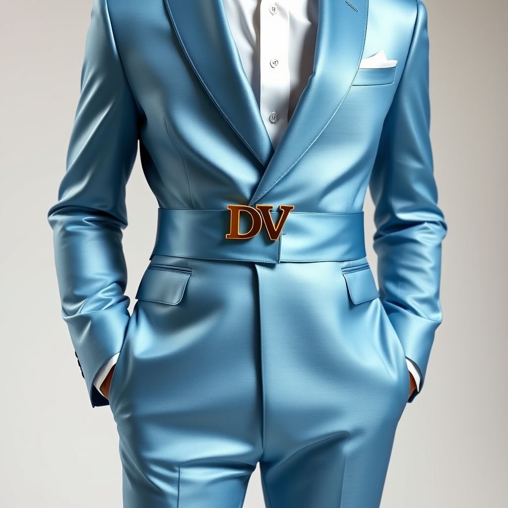 Men’s light blue shiny suit, with long belt slim fit, with “DV” on it.
Envision a refined men’s suit in lustrous light blue satin, tailored to perfection for a sleek silhouette. The slim-fit design features an elongated, structured belt adorned with intricate gold “DV” detailing, exuding sophistication. Accentuate the ensemble with a crisp white shirt and polished black dress shoes, embodying timeless elegance and modern flair.