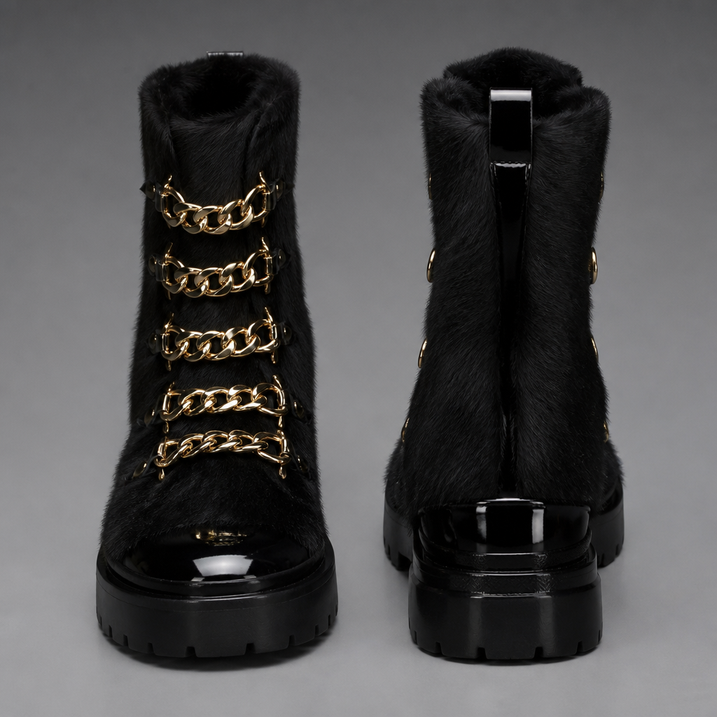 Men’s black mink short boots with gold chain instead of laces
photorealistic fashion design, Men’s black mink short boots with gold chain instead of laces , haute_couture style, just the design no text, show front and back