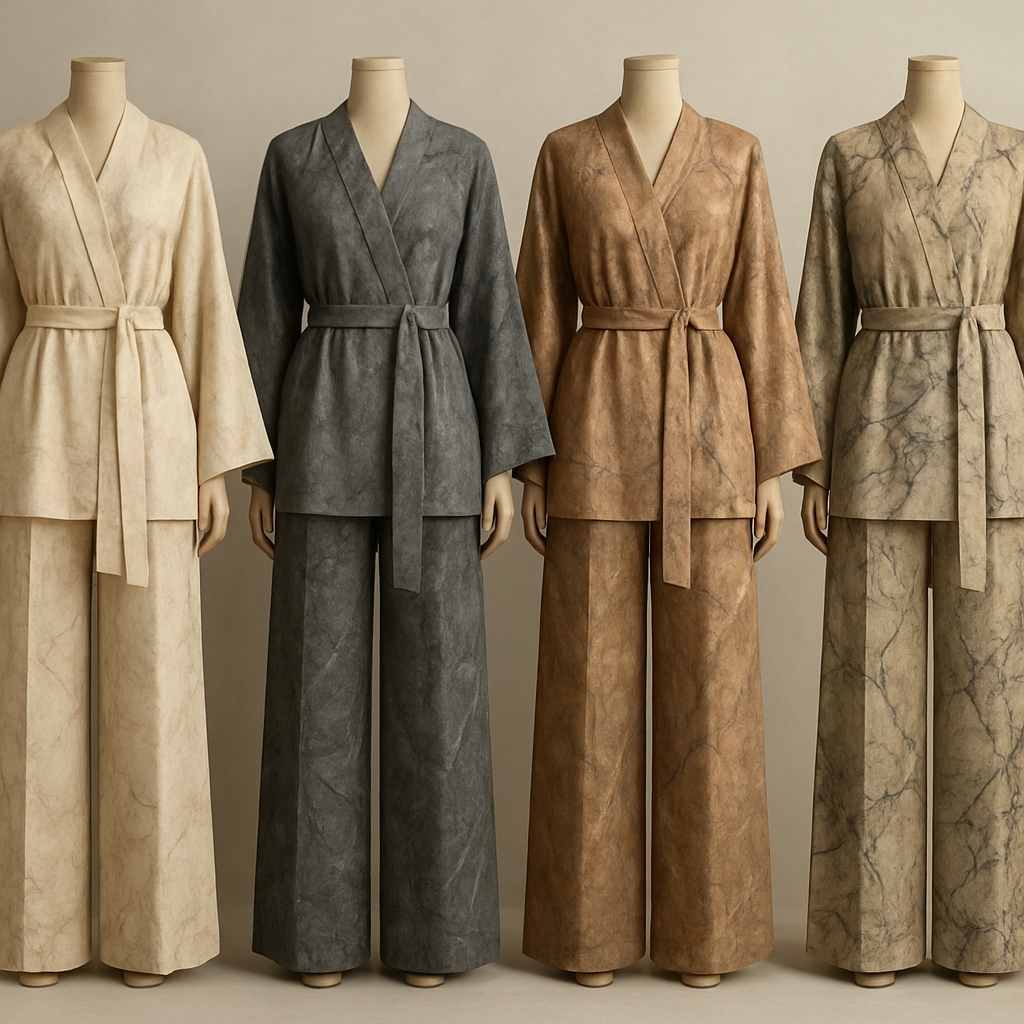 Create a modest two piece loose pant and kimono , first of its kind, featuring a unique stone design that exudes a classy and sophisticated vibe. I'd like four designs, each showcasing different styles and fabrics. Incorporate high-end, unique chic stone designs to make them truly special. Add little sophisticated stone designs. Make it irresistible!

Create a modest two piece loose pant and kimono , first of its kind, featuring a unique stone design that exudes a classy and sophisticated vibe. I'd like four designs, each showcasing different styles and fabrics. Incorporate high-end, unique chic stone designs to make them truly special. Add little sophisticated stone designs. Make it irresistible!