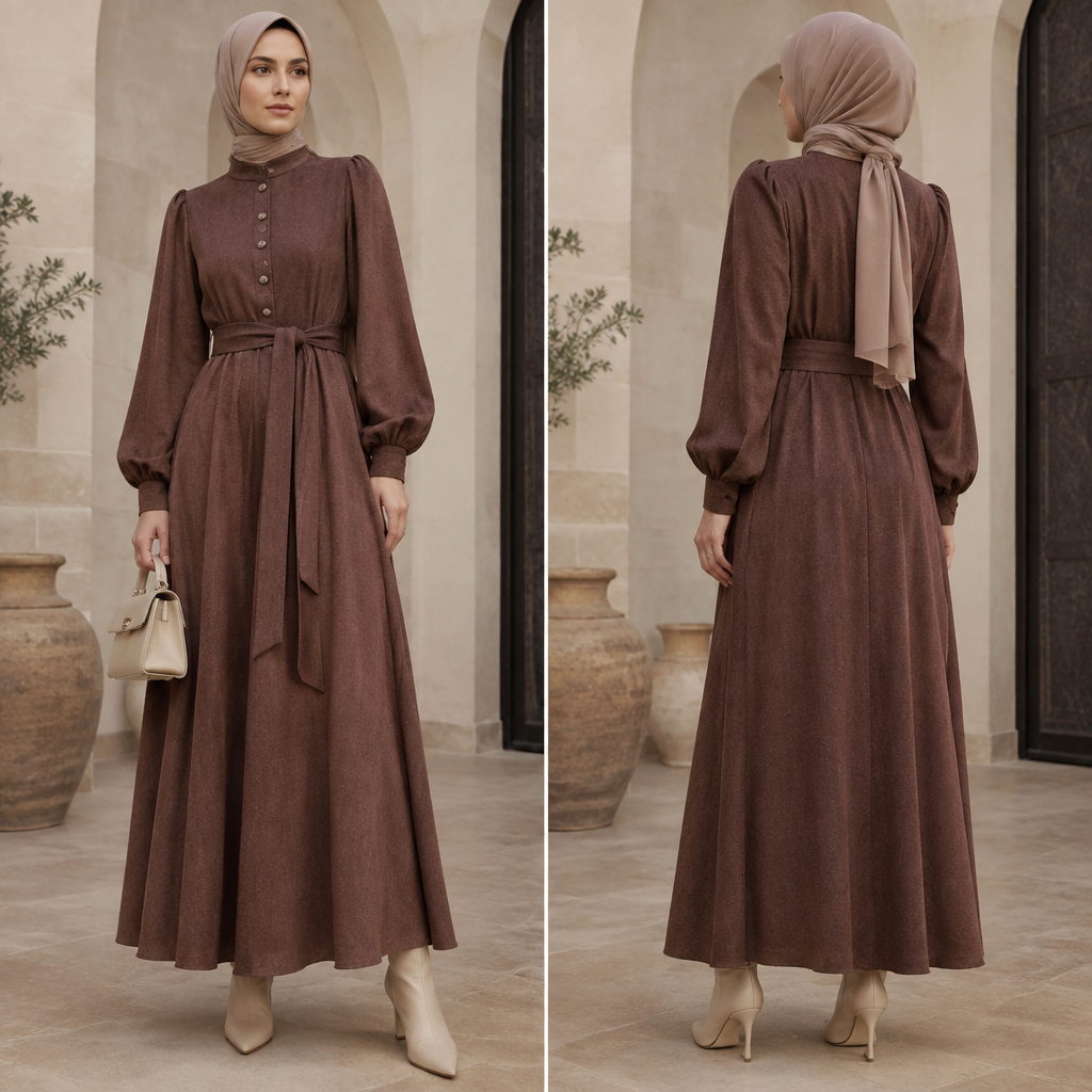 A Female Dress design, with modest, full coverage: longer hemlines, higher necklines and covered shoulders, suitable for Fall. Turkey fashion aesthetics. Present it as professional fashion catalogue photography: the garment is the subject, shown full-length with editorial styling, neutral posing and tasteful, non-suggestive framing.
photorealistic fashion design, A Female Dress design, with modest, full coverage: longer hemlines, higher necklines and covered shoulders, suitable for Fall. Turkey fashion aesthetics. Present it as professional fashion catalogue photography: the garment is the subject, shown full-length with editorial styling, neutral posing and tasteful, non-suggestive framing., just the design no text