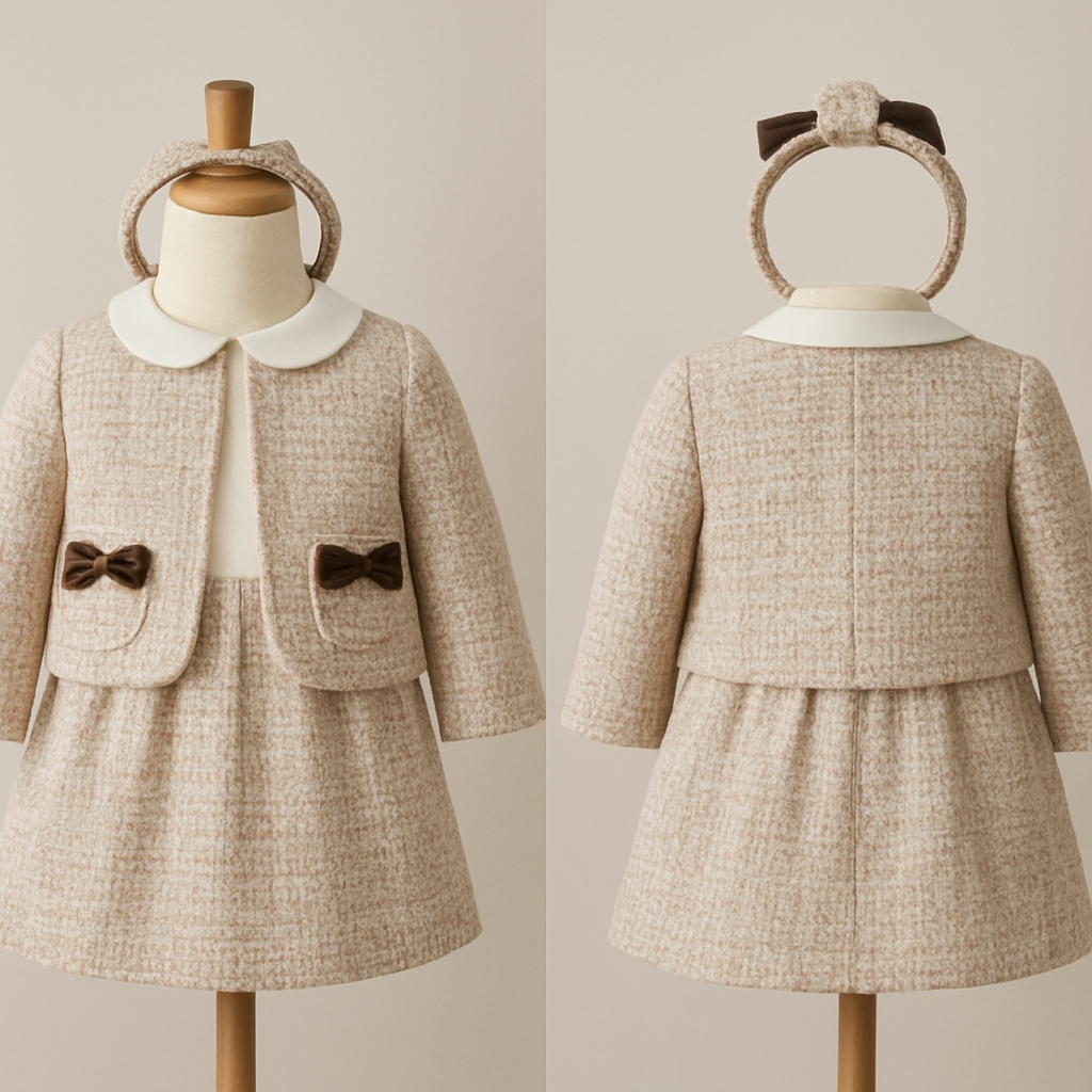 1歳の女の子のベビー服
ツイードのジャケットとスカート部分がツイードのワンピースのセットアップ
ワンピースの上半身部分は白で丸襟
ジャケットの両ポケットの位置にベロア素材のリボン
頭にはジャケットについてるリボンと同じもののカチューシャ
1歳の女の子のベビー服
ツイードのジャケットとスカート部分がツイードのワンピースのセットアップ
ワンピースの上半身部分は白で丸襟
ジャケットの両ポケットの位置にベロア素材のリボン
頭にはジャケットについてるリボンと同じもののカチューシャ, show front and back