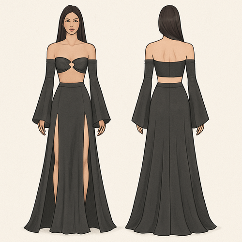 A two piece, the top covers the boobs and has a hoop in the middle with off the shoulder long sleeves covering the hands as they flare out at the ends, the skirt part flows down to the feet with hip slits