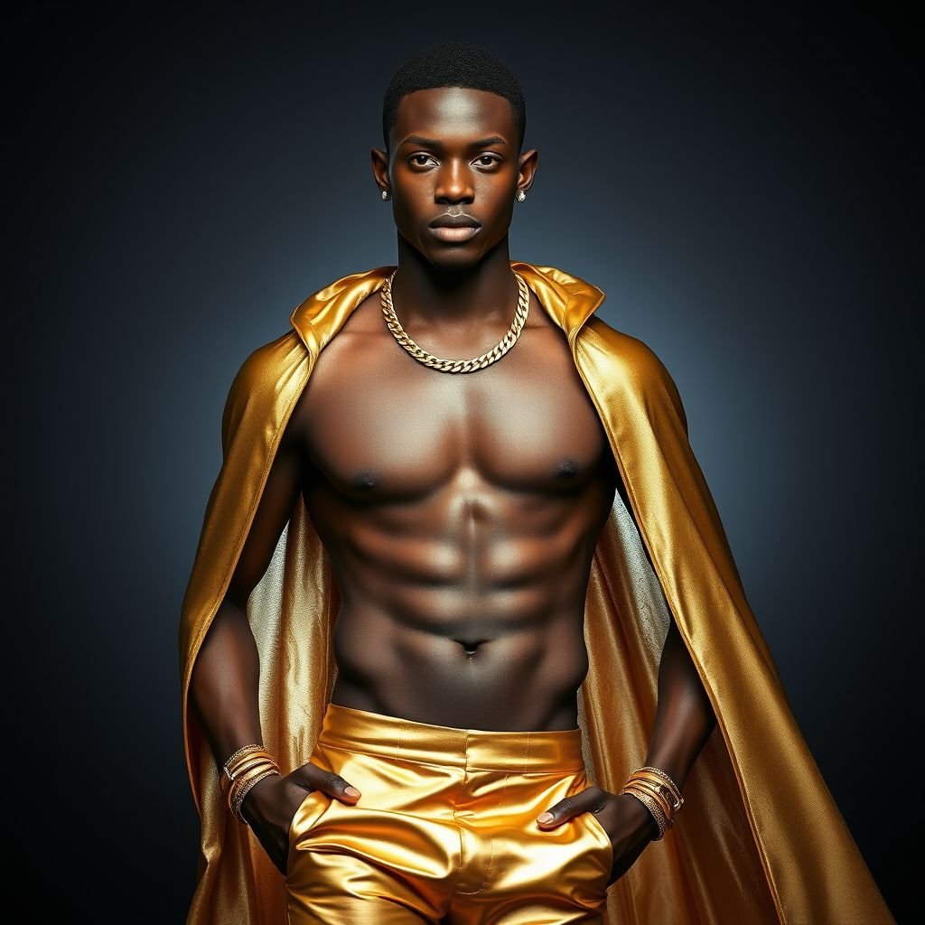 Draw a very handsome Black male, approximately 18 years old, full-body view. He is wearing a metallic gold jockstrap that clings to the groin, emphasizing athletic physique. His upper body is bare except for a flowing cape with flame patterns draped over his shoulders. Include gold wrist bracelets, a gold chain necklace, and a single stud earring. Pose should be dynamic, confident, and runway-ready, showing full musculature and the flow of the cape. Focus on high-fashion styling, realistic anatomy, dramatic lighting, and subtle shine on metallic fabrics and skin.
Create a striking portrait of a handsome Black male, around 18 years old, showcased in a high-fashion, elegant aesthetic. He wears a luxurious metallic gold jockstrap that highlights his athletic build. A dramatic, flowing cape adorned with intricate flame patterns cascades gracefully over his shoulders. Gold wrist bracelets, a statement gold chain necklace, and a singular stud earring amplify his elegance. Capture him in a dynamic, confident pose that highlights his sculpted physique and the ethereal movement of the cape. Utilize dramatic lighting to enhance the subtle shine on his skin and metallic fabrics, embodying the epitome of runway sophistication.