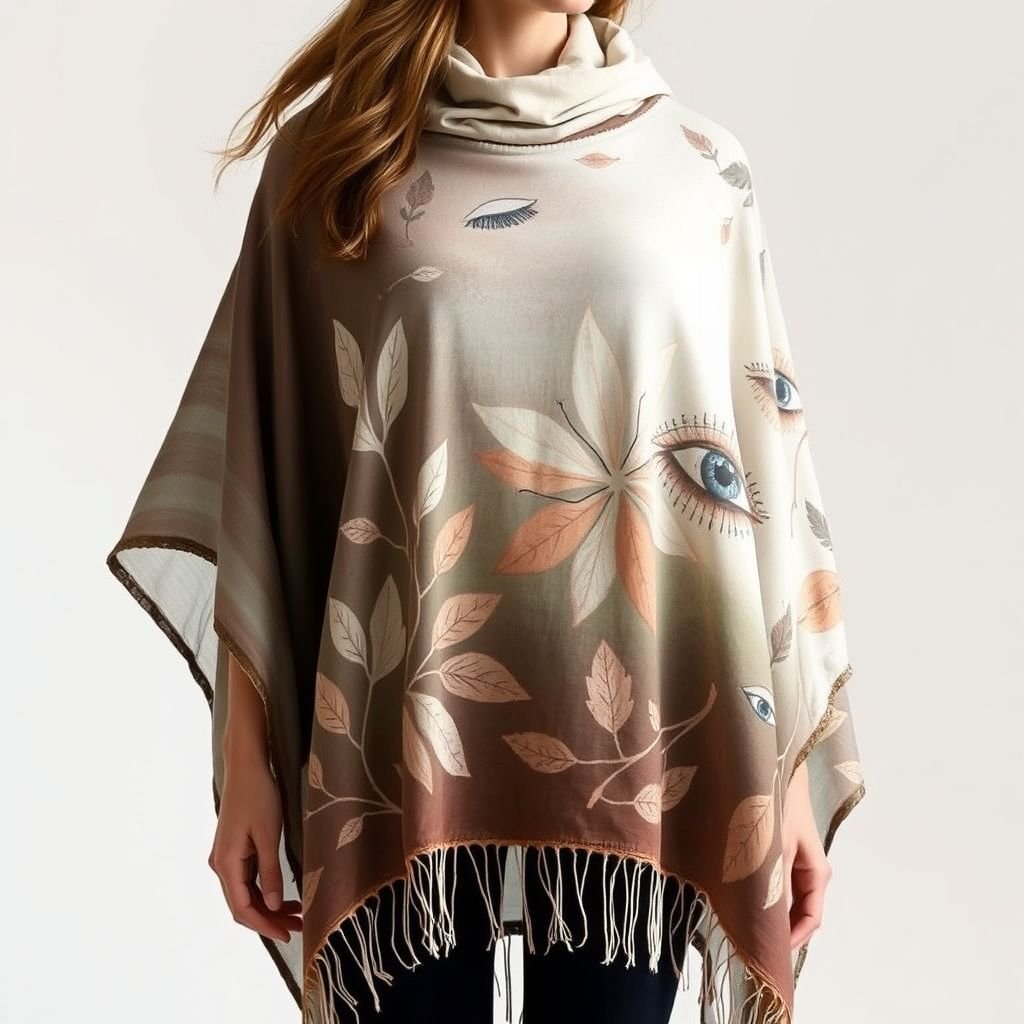 Handpainted boho minimal poncho inspired by eye and nature
Create a handpainted boho minimal poncho that merges natural elements with eye motifs. Incorporate soft, earthy tones and fluid lines, evoking a sense of calm. The design features delicate leaf patterns, whispers of floral silhouettes, and whimsical eye designs, symbolizing protection and awareness, all harmoniously blending with a tranquil, lightweight fabric.