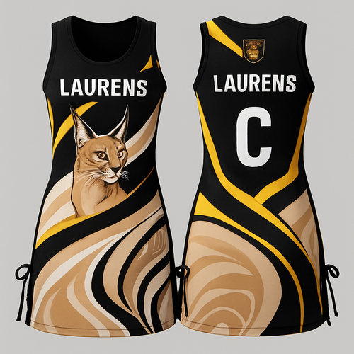 please create a netball dress with the following colours: black, white, beige and yellow. there must be a caracal somewhere and the school logo. it must have the school name and player’s name. It must have draw strings on the side. It must be very stylish and not basic. Please add nice patterns/designs