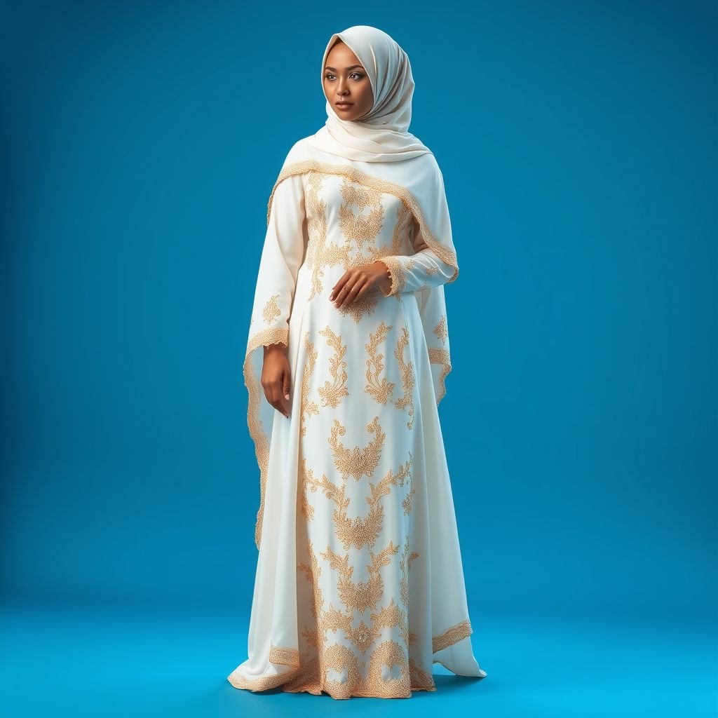 Simple Somali weeding dressing but elegant
Design an elegant formal Somali wedding attire featuring a flowing, intricately embroidered kaftan in soft ivory silk, adorned with subtle gold thread accents. Incorporate delicate lace detailing along the sleeves and neckline. The ensemble should include a beautifully draped hijab, embellished with shimmering crystals, radiating sophistication and cultural heritage.