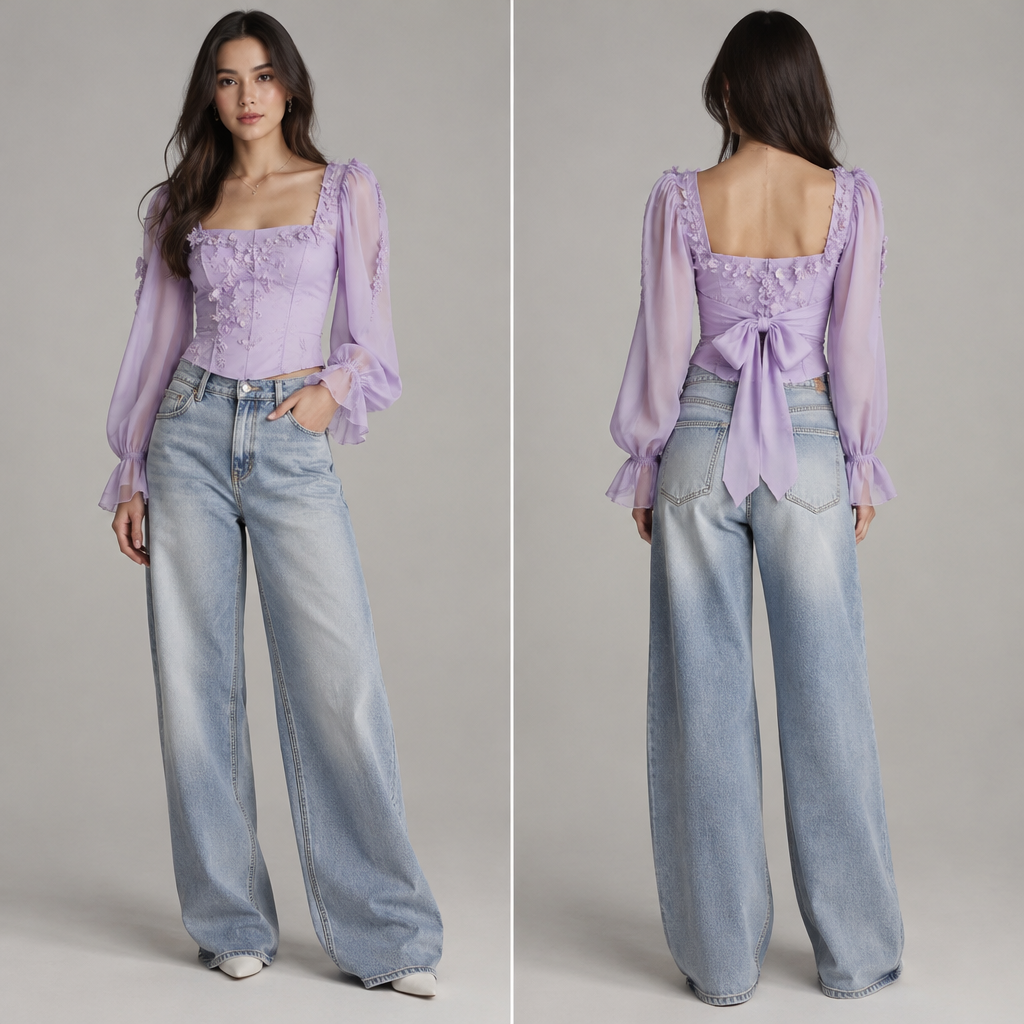 I want the blouse to have designs in the front and back and make the color light purple and make it modern and for the pants I want a silky jeans baggy and make it look elegant and everyday use too
photorealistic fashion design, I want the blouse to have designs in the front and back and make the color light purple and make it modern and for the pants I want a silky jeans baggy and make it look elegant and everyday use too, just the design no text, show front and back
