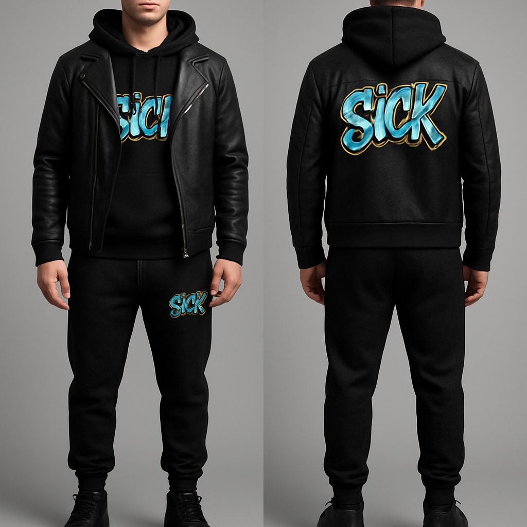 Male street wear with black gold and teal writing Sick label . Hoodie, joggers leather jacket
Male street wear with black gold and teal writing Sick label . Hoodie, joggers leather jacket
, streetwear style, show front and back