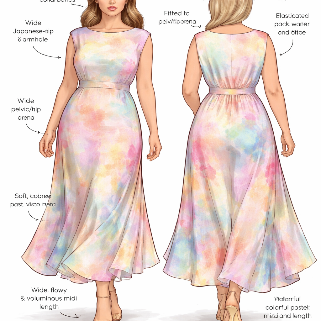 - Plus-size midi dress made from viscose fabric in colorful pastel tones.
The dress has a boat neckline that covers the collarbones.
The dress is fitted from the neckline to the pelvic/hip area.
Sleeveless design with wide Japanese-style armholes (Gaponaise armhole).
Elasticated back waist for comfort and fitting.
From the pelvic/hip area downwards, the dress becomes wide, flowy, and voluminous.
Midi length
Please include fashion technical notes (tech pack details) written on the illustration.
- Plus-size midi dress made from viscose fabric in colorful pastel tones.
The dress has a boat neckline that covers the collarbones.
The dress is fitted from the neckline to the pelvic/hip area.
Sleeveless design with wide Japanese-style armholes (Gaponaise armhole).
Elasticated back waist for comfort and fitting.
From the pelvic/hip area downwards, the dress becomes wide, flowy, and voluminous.
Midi length
Please include fashion technical notes (tech pack details) written on the illustration., bohemian style, show front and back