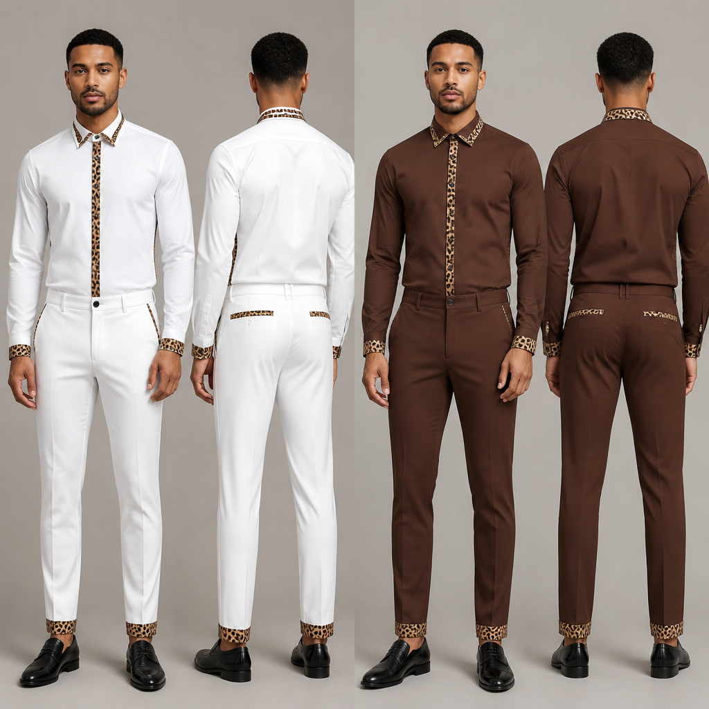 Un ensemble pantalon chemise col paster homme pour serveur restaurant. L’ensemble a un design avec tissu panthère noir et marron sur la chemise et sur la finition du pantalon, Je veux deux design, un vêtement en blanc et l’autre en marron
photorealistic fashion design, Un ensemble pantalon chemise col paster homme pour serveur restaurant. L’ensemble a un design avec tissu panthère noir et marron sur la chemise et sur la finition du pantalon, Je veux deux design, un vêtement en blanc et l’autre en marron , office style, just the design no text, show front and back