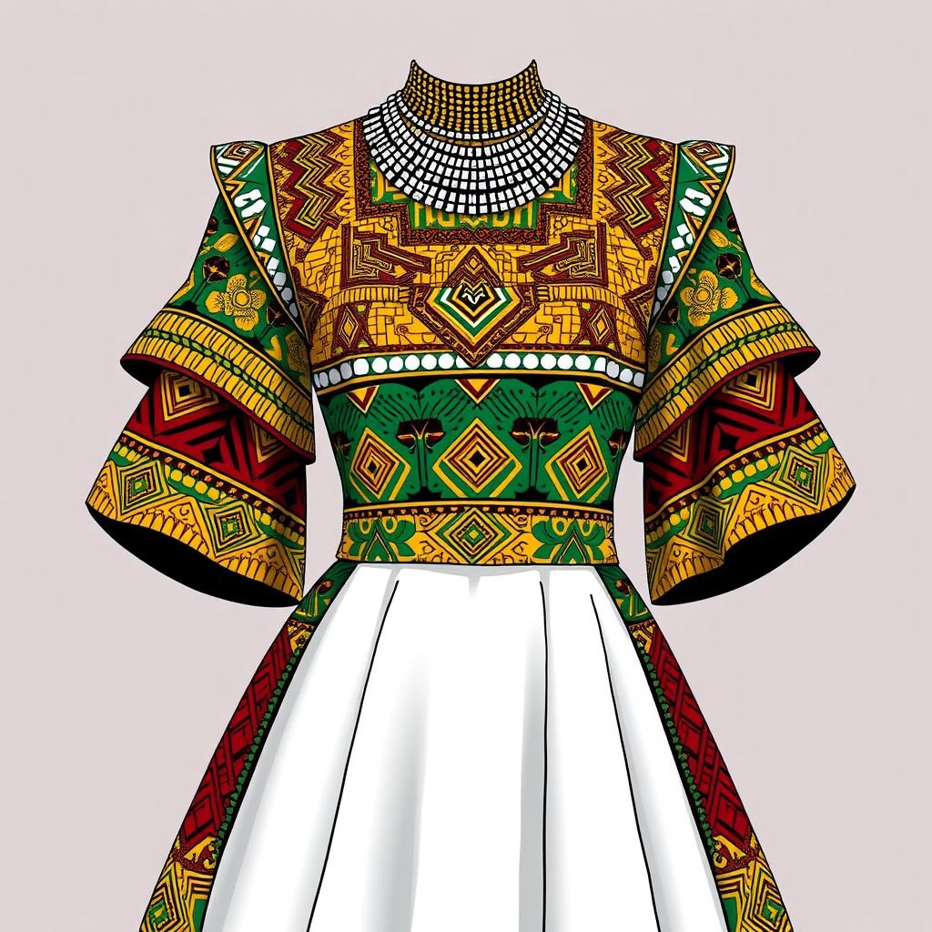 Kente flare
Design a vibrant, Kente flare dress featuring an intricate blend of traditional African patterns and modern silhouettes. Incorporate bold, geometric shapes with rich colors like gold, green, and red. Adorn the neckline with intricately beaded accessories and layered, flowing sleeves to create a stunning balance of heritage and contemporary elegance.