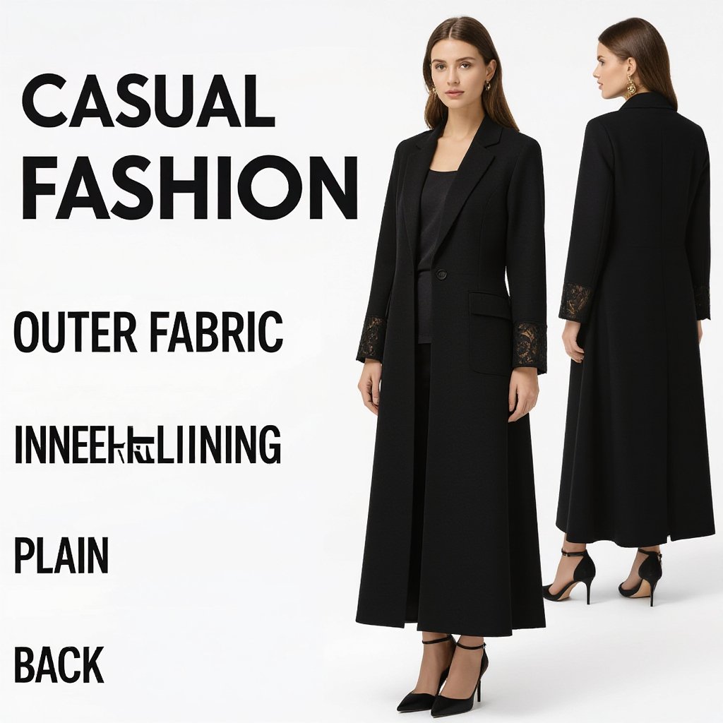 Abaya Blazer Design – Elegant Black Edition (Ankle Length) • Outer Fabric: • Worsted Wool Blend or Gabardine Wool in a luxurious black shade. • Structured and refined, perfect for a strong, formal silhouette. • Inner Lining: • Bemberg Rayon or Silk Satin in black or dark grey, adding comfort and fluidity. • Key Details: • A-Line cut tailored to ankle length, offering elegance with practicality. • Slim feminine blazer lapel with a neat, classic finish. • Hidden inner closure to preserve the sleek outer look. • French Lace Integration (Side Panels): • Placement: Panels of luxurious French lace running along both sides of the abaya, starting just below the armpits and extending down to the beginning of the waistline. • Effect: Creates a subtle illusion of a narrower waist from the sides, adding a refined feminine touch while keeping the formal blazer style intact. • Pattern: Intricate floral and leafy lace with slight transparency, enhancing depth and elegance. • Back Design: • The back remains plain, with a small center slit at the hem to emphasize the blazer identity and ease movement. ⸻ ✨ Result: An ankle-length abaya blazer in luxurious black fabric, featuring French lace side panels from under the arms down to the waistline. This placement creates a graceful illusion of slimming and femininity, blending strength, formality, and refined elegance — ideal for evening wear and upscale occasions.
Casual fashion: Black abaya blazer, ankle length. Outer fabric: wool. Inner lining: satin. A-line cut, slim lapel, hidden closure. French lace side panels from under arms to waist. Plain back with a small slit.