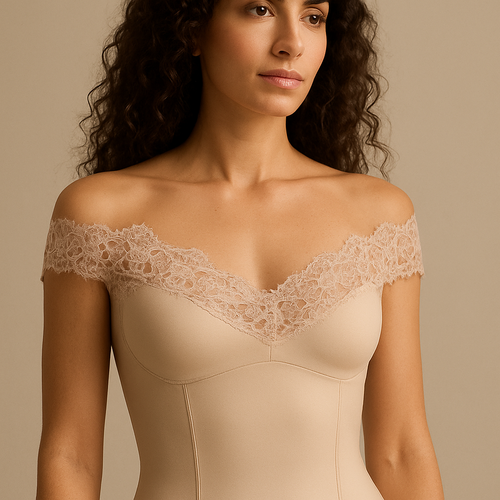 High-end beige sportswear top inspired by bridal elegance, crafted from premium sculpting technical fabric with delicate transparent floral lace trimming along the neckline and shoulders. The design features elegant off-shoulder lace details and a longline cut extending a few centimeters below the bust, gently contouring the upper waist. The fabric is smooth, slightly satin-finish, supportive yet soft, combining athletic performance with couture-level femininity. Model: 32 years old, 170cm, 58kg, long curly hair. Neutral beige studio background with warm light, soft shadows, focus on material texture, lace craftsmanship, and refined seams. Ultra-realistic 8K fashion photography, luxury fitness and lingerie fusion, Lauren Secret signature aesthetic — sensual strength and timeless grace.”