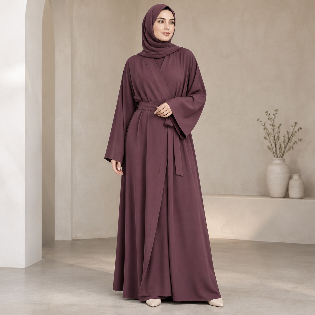 Create a realistic commercial fashion photograph of ONE Muslim woman wearing a sophisticated everyday abaya designed to look like a modern wrap dress while remaining fully modest.
Use a rich dusty-plum fabric.
The abaya should have a loose flowing silhouette with a V-shaped overlapping front panel that is completely closed and modest at the chest. Add a simple fabric belt attached at the waist that can be tied loosely at the side.
The sleeves should be long, wide and practical with simple cuffs.
The garment must be realistically constructed from normal abaya fabric such as nida or crepe and should be something a real tailor could make.
Make it eye-catching through the wrap-style construction and flattering drape.
No embroidery, beads, sequins, lace, rhinestones or fantasy details.
Realistic fabric, realistic seams, natural folds, believable construction, professional catalogue photography, vertical 2:3 composition.
photorealistic fashion design, Create a realistic commercial fashion photograph of ONE Muslim woman wearing a sophisticated everyday abaya designed to look like a modern wrap dress while remaining fully modest.
Use a rich dusty-plum fabric.
The abaya should have a loose flowing silhouette with a V-shaped overlapping front panel that is completely closed and modest at the chest. Add a simple fabric belt attached at the waist that can be tied loosely at the side.
The sleeves should be long, wide and practical with simple cuffs.
The garment must be realistically constructed from normal abaya fabric such as nida or crepe and should be something a real tailor could make.
Make it eye-catching through the wrap-style construction and flattering drape.
No embroidery, beads, sequins, lace, rhinestones or fantasy details.
Realistic fabric, realistic seams, natural folds, believable construction, professional catalogue photography, vertical 2:3 composition., just the design no text