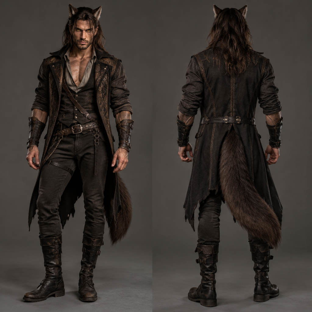I want a werewolf costume for a man easy for Halloween half wolf half human with détails
But withou much fur just the tail and the Ears and golf eyes and Dark brown Hair long with natural muscles and a better cloths
photorealistic fashion design, I want a werewolf costume for a man easy for Halloween half wolf half human with détails
But withou much fur just the tail and the Ears and golf eyes and Dark brown Hair long with natural muscles and a better cloths, just the design no text, show front and back