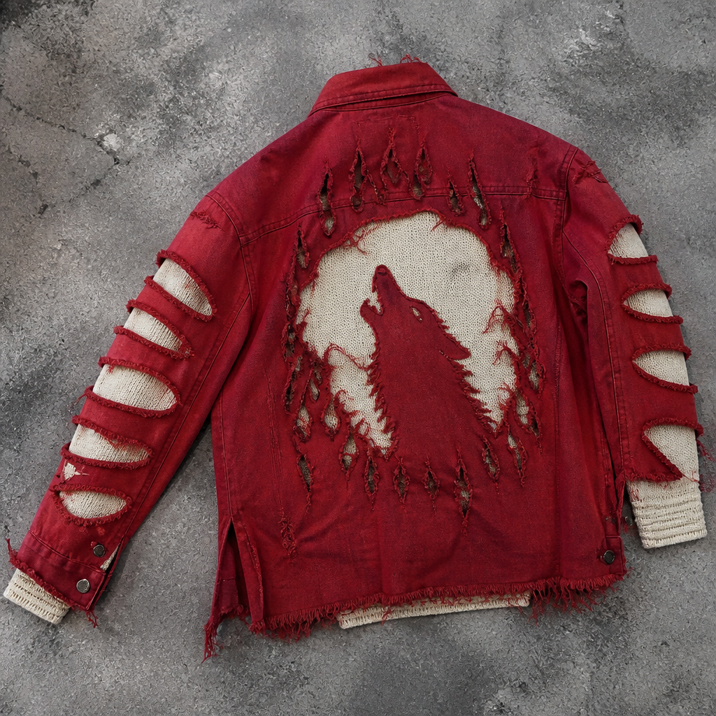 A Male Jacket design, suitable for Winter, in Streetwear style. *Base & Concept*
This is a custom deconstructed piece — looks like you fused a *red denim/canvas shirt/jacket* with a *cream knit sweater* underneath. The whole vibe is punk, streetwear, and DIY art. It’s laid out flat on the ground so we’re seeing the back and one sleeve.
*Key Details:*
1. *Color & Fabric*
- *Main*: Washed/faded red denim or twill fabric
- *Accent*: Cream/off-white ribbed knit from the sweater peeking through
- The contrast makes the cuts pop so much
2. *Cutouts & Distressing*
- *Aggressive slashes* down both sleeves — strips of red fabric cut away to reveal the cream knit beneath. Gives it that "battle-worn" energy.
- *Back graphic*: A big circular distressed cutout in the center of the back. The red fabric is burned/torn away in flame-like edges to reveal the cream layer + a white silhouette inside it. Looks like a wolf/howling animal or maybe an abstract face.
- *Raw hems*: Edges are frayed and torn on purpose, not clean. That’s the whole punk aesthetic.
3. *Graphics & Text*
- *Back center*: That flame-cut circle with the white silhouette. It’s the focal point — "wolf howling at the moon"
- *Side text*: never compromise in Vertical white Japanese/Chinese characters running down the right side of the back panel. Adds that Asian streetwear / anime influence.
- *Hardware*: You’ve got metal snap buttons on the cuff/hem on the left side.. ZW fashion aesthetics.
photorealistic fashion design, A Male Jacket design, suitable for Winter, in Streetwear style. *Base & Concept*
This is a custom deconstructed piece — looks like you fused a *red denim/canvas shirt/jacket* with a *cream knit sweater* underneath. The whole vibe is punk, streetwear, and DIY art. It’s laid out flat on the ground so we’re seeing the back and one sleeve.
*Key Details:*
1. *Color & Fabric*
- *Main*: Washed/faded red denim or twill fabric
- *Accent*: Cream/off-white ribbed knit from the sweater peeking through
- The contrast makes the cuts pop so much
2. *Cutouts & Distressing*
- *Aggressive slashes* down both sleeves — strips of red fabric cut away to reveal the cream knit beneath. Gives it that "battle-worn" energy.
- *Back graphic*: A big circular distressed cutout in the center of the back. The red fabric is burned/torn away in flame-like edges to reveal the cream layer + a white silhouette inside it. Looks like a wolf/howling animal or maybe an abstract face.
- *Raw hems*: Edges are frayed and torn on purpose, not clean. That’s the whole punk aesthetic.
3. *Graphics & Text*
- *Back center*: That flame-cut circle with the white silhouette. It’s the focal point — "wolf howling at the moon"
- *Side text*: never compromise in Vertical white Japanese/Chinese characters running down the right side of the back panel. Adds that Asian streetwear / anime influence.
- *Hardware*: You’ve got metal snap buttons on the cuff/hem on the left side.. ZW fashion aesthetics., streetwear style, just the design no text