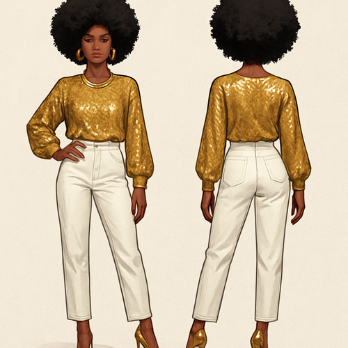 Black woman 
Afro 
Gold jewelry
Gold blouse with sequins 
White pants 
Gold heels 

