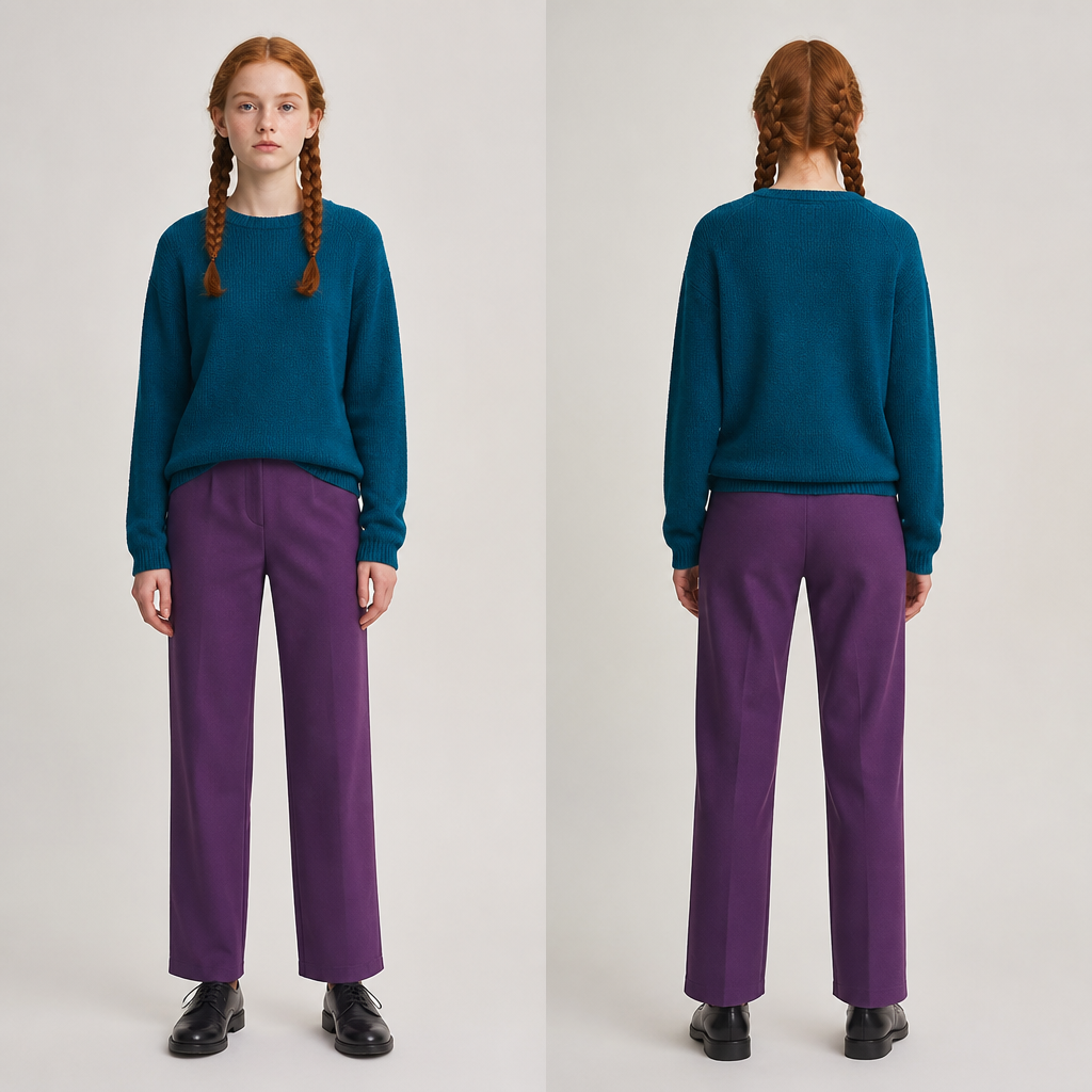 A Scandinavian 16 year old teenage girl with auburn hair in two braids and teal blue sweater and bright purple pants and black Oxford shoes and it needs to be School appropriate
photorealistic fashion design, A Scandinavian 16 year old teenage girl with auburn hair in two braids and teal blue sweater and bright purple pants and black Oxford shoes and it needs to be School appropriate , scandinavian style, just the design no text, show front and back