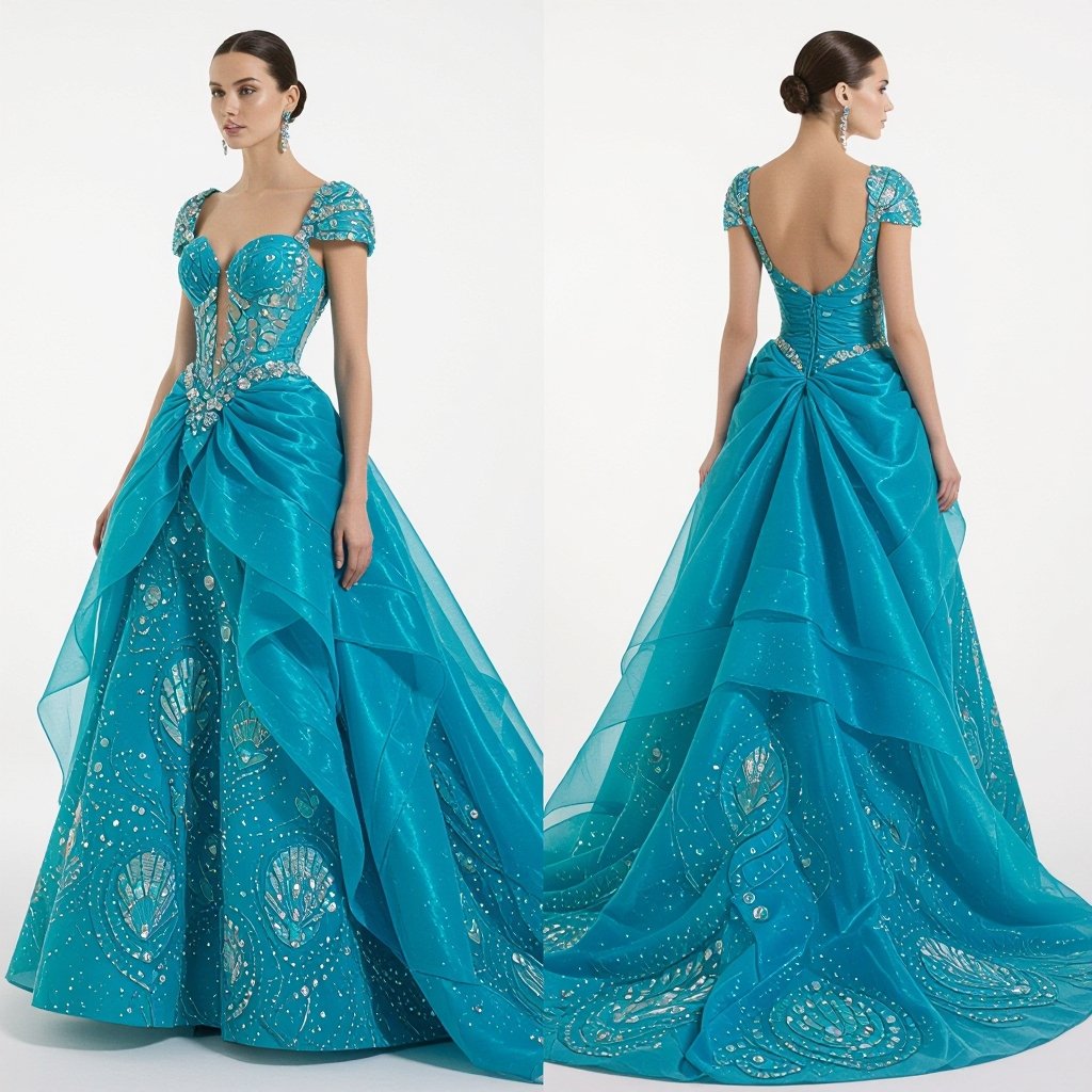 An opulent haute couture evening gown inspired by turquoise sea shells, sculpted with a structured silhouette that mimics the curves and textures of ocean shells. The bodice is encrusted with shimmering turquoise crystals, pearls, and iridescent stones that glisten like water under moonlight. Flowing panels of chiffon and organza cascade like waves, while layered shell-like patterns in metallic embroidery wrap the gown in intricate detail. A dramatic sweeping train ripples like the sea, with pearl-encrusted accents and gemstone highlights, creating a look that is both ethereal and powerful—like a goddess rising from the ocean.
Haute Couture fashion: Turquoise silk gown, sculpted silhouette like sea shells. Bodice encrusted with turquoise crystals, pearls, iridescent stones. Chiffon and organza panels cascade like waves. Layered shell patterns in metallic embroidery. Sweeping train with pearl and gemstone accents.