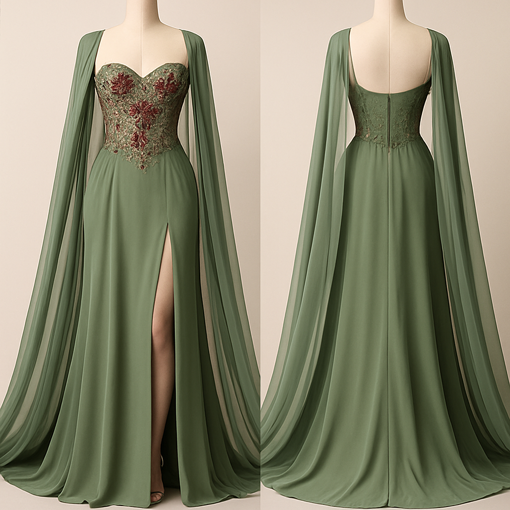 A luxurious sage green evening gown featuring a fitted corset bodice adorned with intricate floral embroidery in deep rose and gold tones. The design includes a dramatic floor-length cape made of sheer chiffon that flows elegantly from the shoulders. The front slit adds a touch of allure, while the structured silhouette enhances the feminine curves. Perfect for formal events, red carpet occasions, or elegant soirées, this gown embodies timeless sophistication and grace.
A luxurious sage green evening gown featuring a fitted corset bodice adorned with intricate floral embroidery in deep rose and gold tones. The design includes a dramatic floor-length cape made of sheer chiffon that flows elegantly from the shoulders. The front slit adds a touch of allure, while the structured silhouette enhances the feminine curves. Perfect for formal events, red carpet occasions, or elegant soirées, this gown embodies timeless sophistication and grace., classic style, show front and back