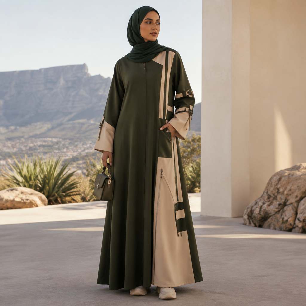 A Female Abaya design, suitable for Spring. Tactical style and theme. Use dark green and a beige color. Keeping it modest long and off center patterns. South Africa fashion aesthetics. Present it as professional fashion catalogue photography: the garment is the subject, shown full-length with editorial styling, neutral posing and tasteful, non-suggestive framing.
photorealistic fashion design, A Female Abaya design, suitable for Spring. Tactical style and theme. Use dark green and a beige color. Keeping it modest long and off center patterns. South Africa fashion aesthetics. Present it as professional fashion catalogue photography: the garment is the subject, shown full-length with editorial styling, neutral posing and tasteful, non-suggestive framing., just the design no text